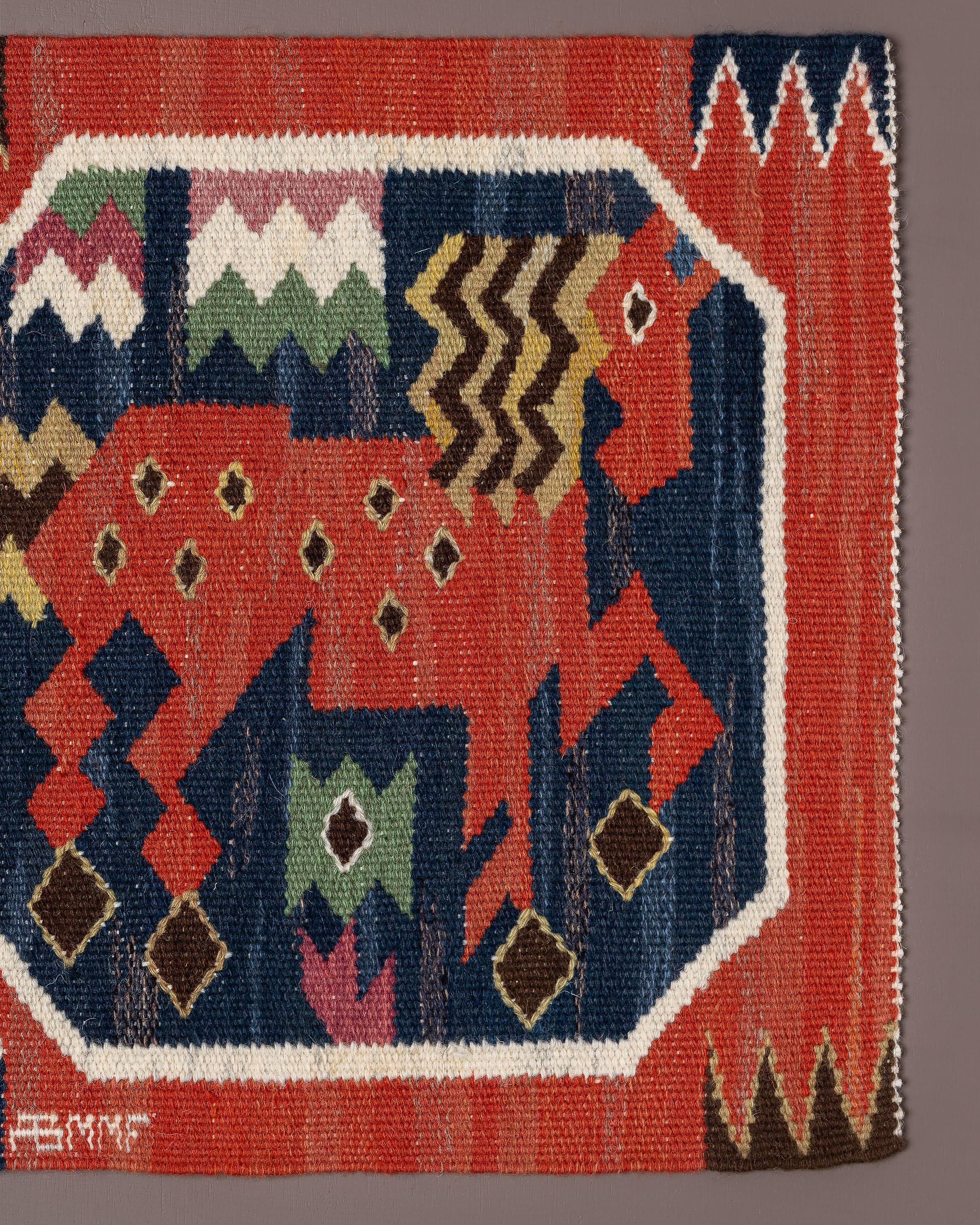 Handwoven tapestry in wool with motif of a red horse, a young stallion, designed by Märta Måås-Fjetterström in 1930. 

Several horses with different poses appears in the collection of red horses by MMF. They are details from the large wall tapestry