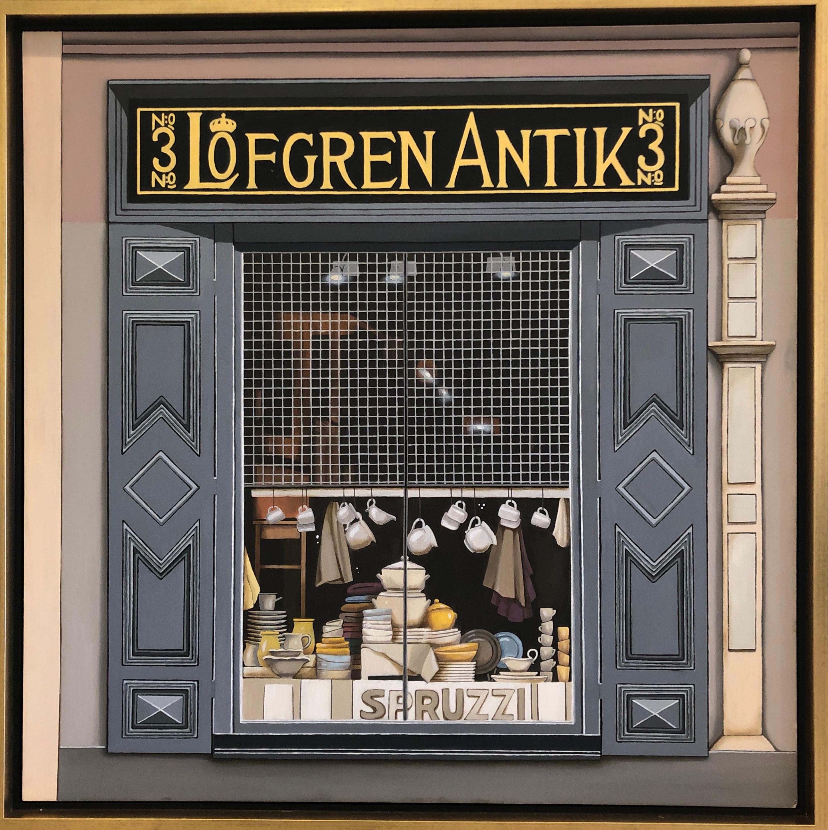 Marta Mezynska Figurative Painting - Lofgren Antique Window Display Oil On Canvas