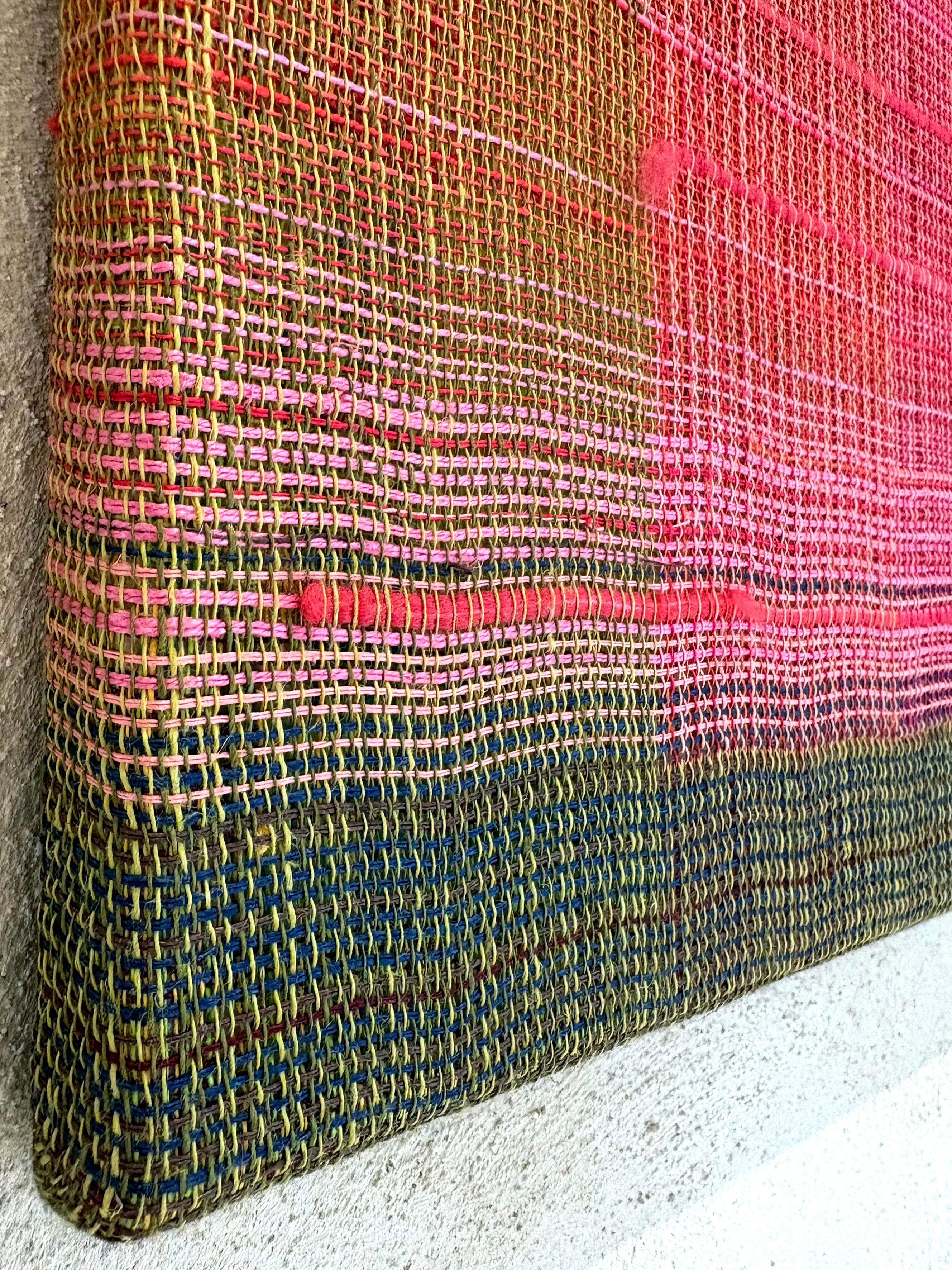 Between the Landscape and Geometry, hand weaving, linen yarn, wool, acrylic
textile paint, 70 x 65 cm, 2024.

There is a second painting from this series - my other article here, matching the ones presented here (see also last photos) so the artwork