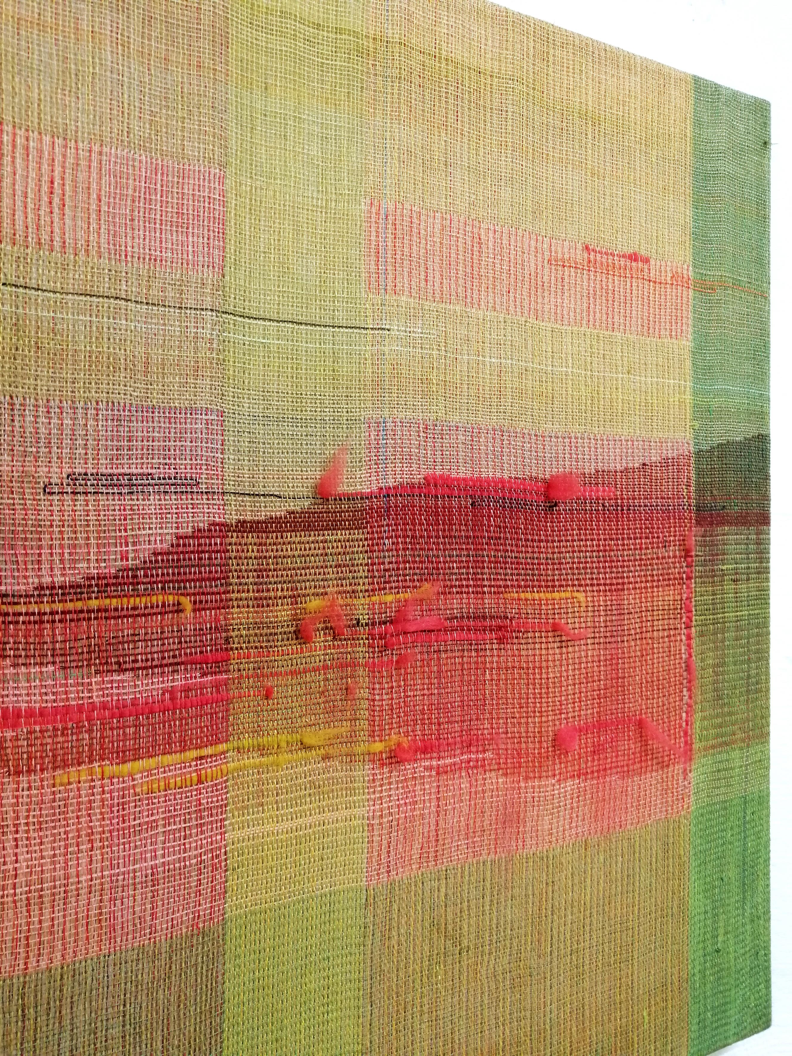 Between the Landscape and Geometry - Modern Woven and Painted Abstract Artwork - Brown Landscape Painting by Marta Pokojowczyk