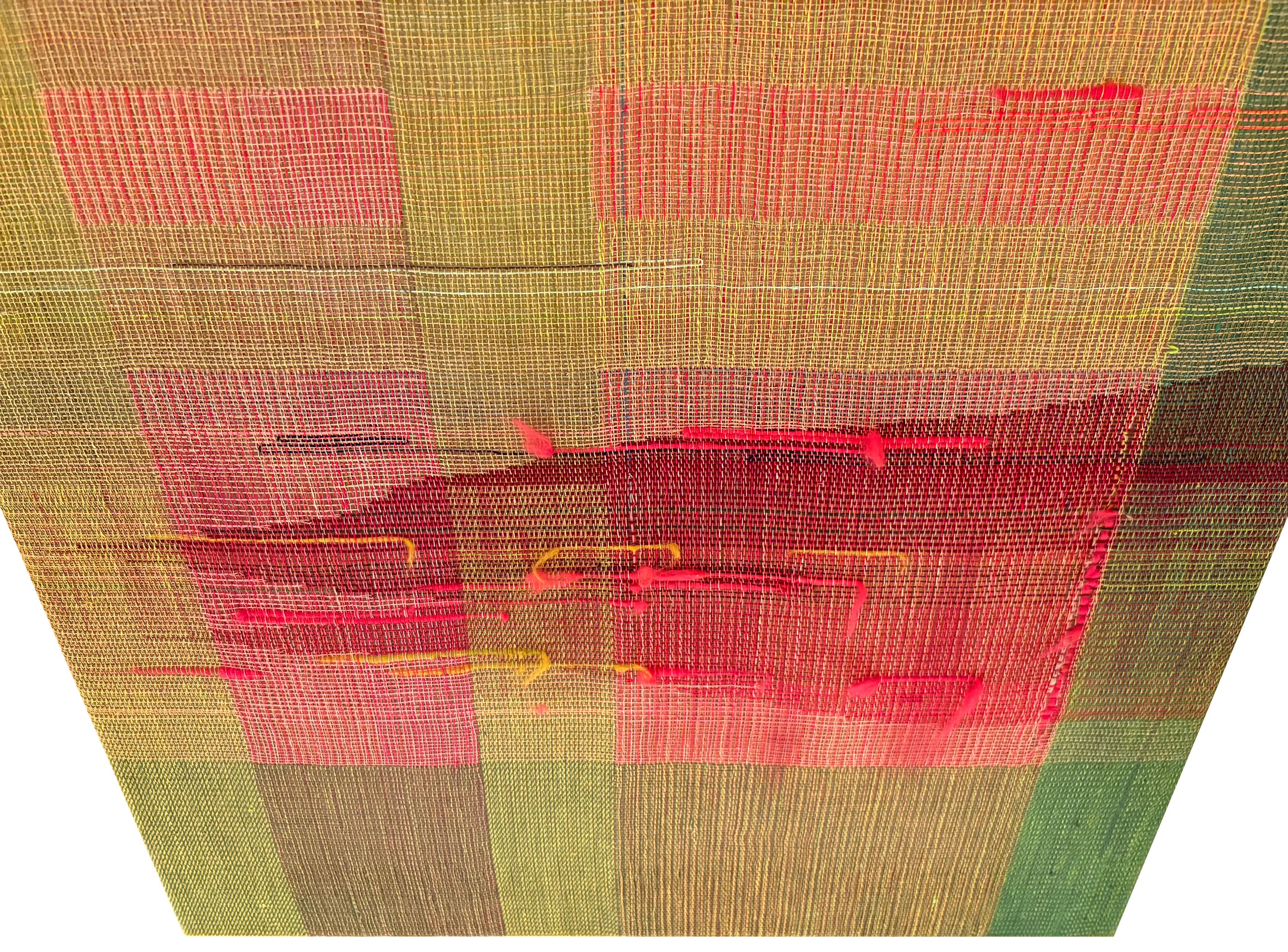 Between the Landscape and Geometry, hand weaving, linen yarn, wool, acrylic
textile paint, 70 x 65 cm, 2024.

There is a second painting from this series - my other article here, matching the ones presented here (see also last photos) so the artwork