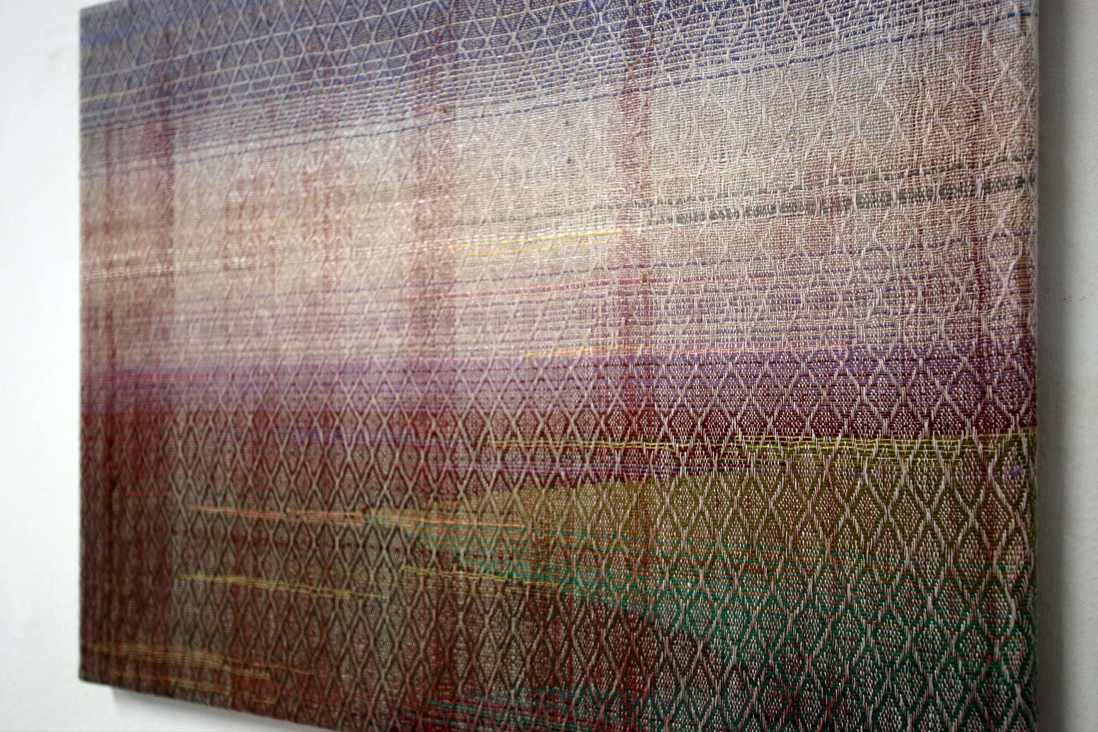 From the series Horizons – Sunset  2023
Handwoven painting, linen, cotton yarn, acrylic textile paint, 65 x 50 cm.

‘Horizons’ are a symbiosis of two disciplines of art, Painting and Weaving. Handwoven Canvas is entirely constructed on a weaving