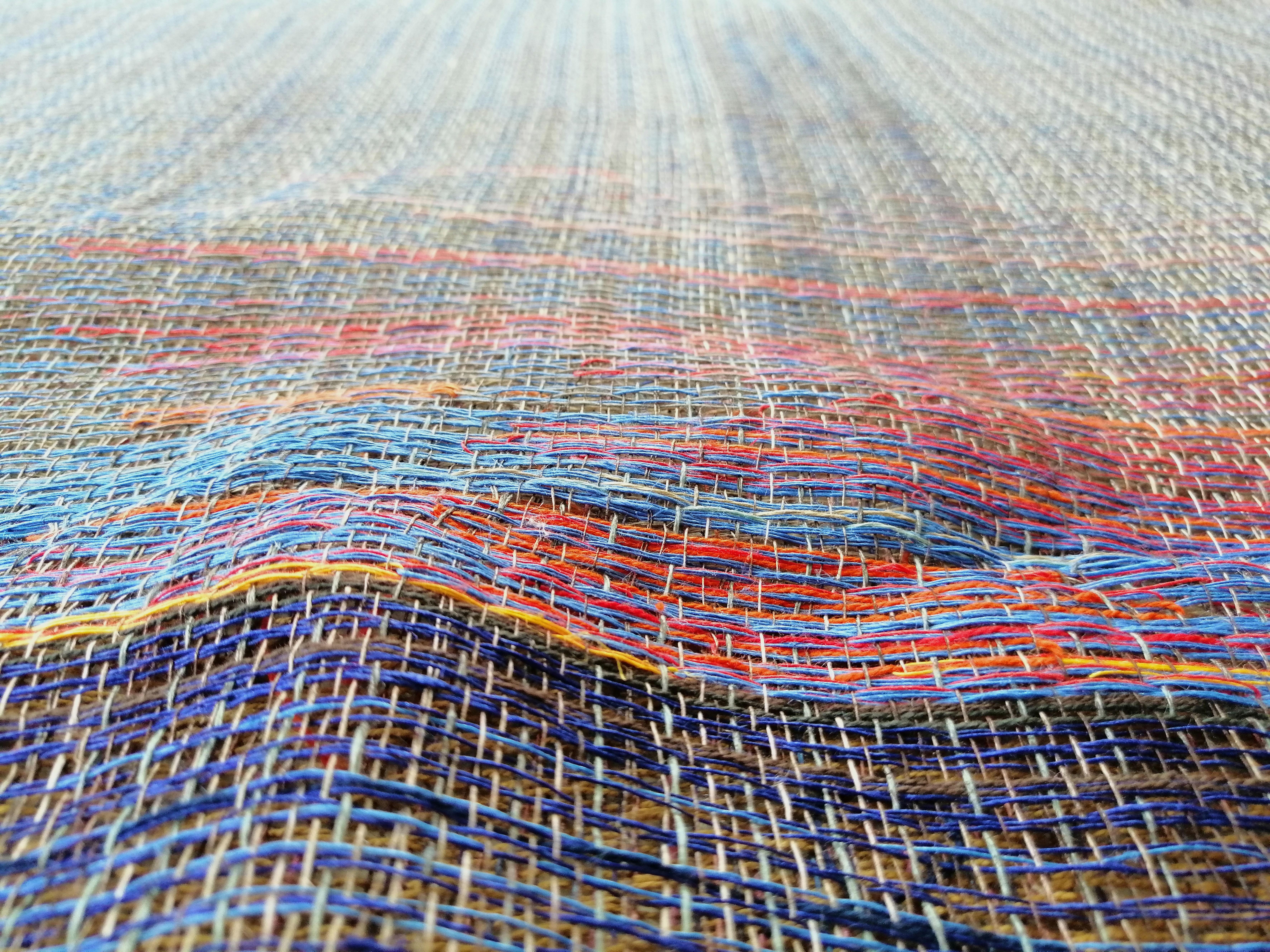 ‘Horizon. Cabo Sardão’ 2020
Handwoven painting, linen, woollen, silk, cotton yarn, acrylic textile paint, 130 x 65 cm

Handwoven painting from the series ‘Horizons’, based on a portuguese landscape. Canvas is entirely constructed on a weaving loom.