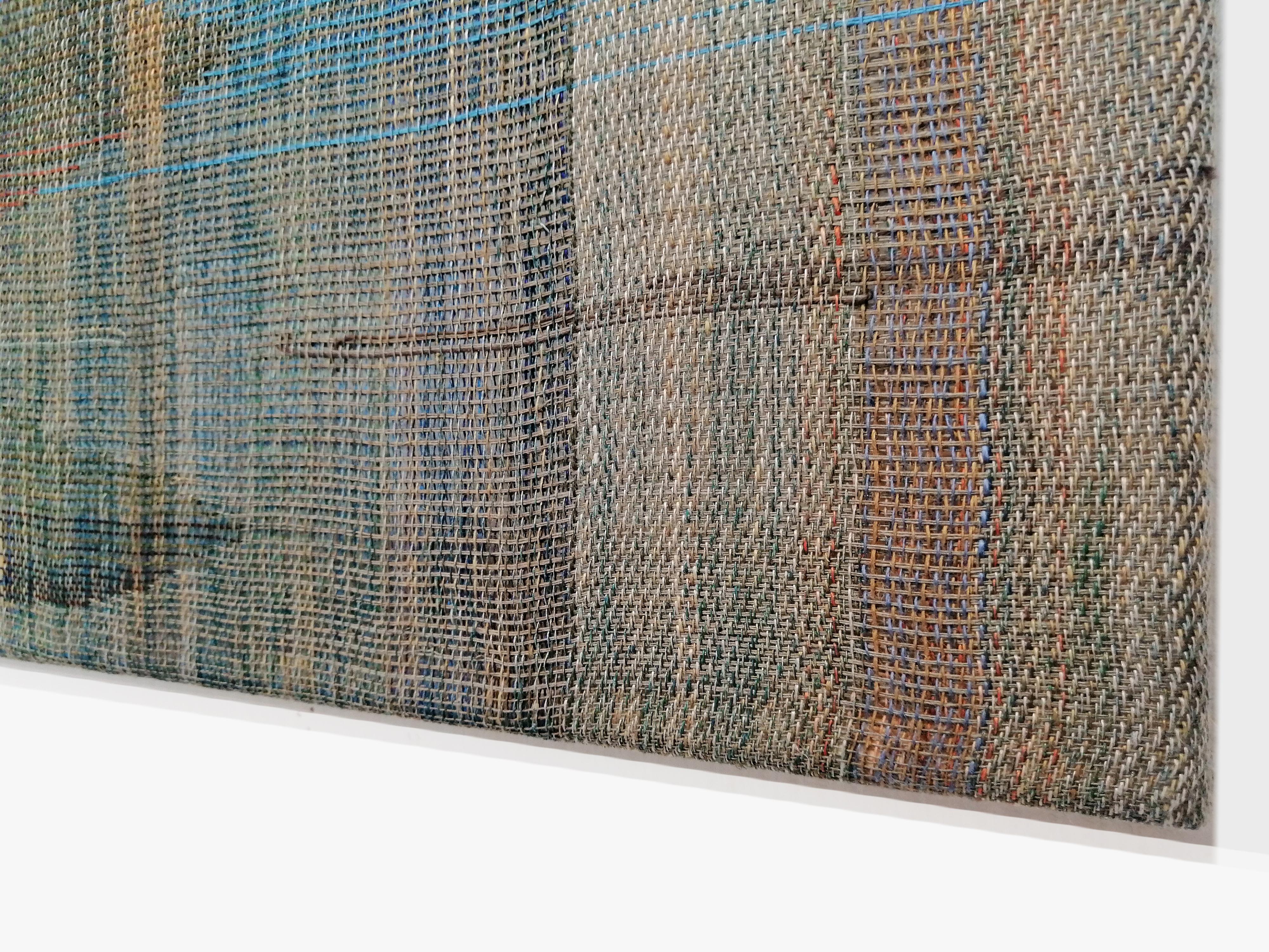 In Between Words 2', from the series 'Horizons’ 2021
Handwoven painting, linen, cotton yarn, acrylic textile paint, 65 x 50 cm.

‘Horizons’ are a symbiosis of two disciplines of art, Painting and Weaving. Handwoven canvases are entirely created on a
