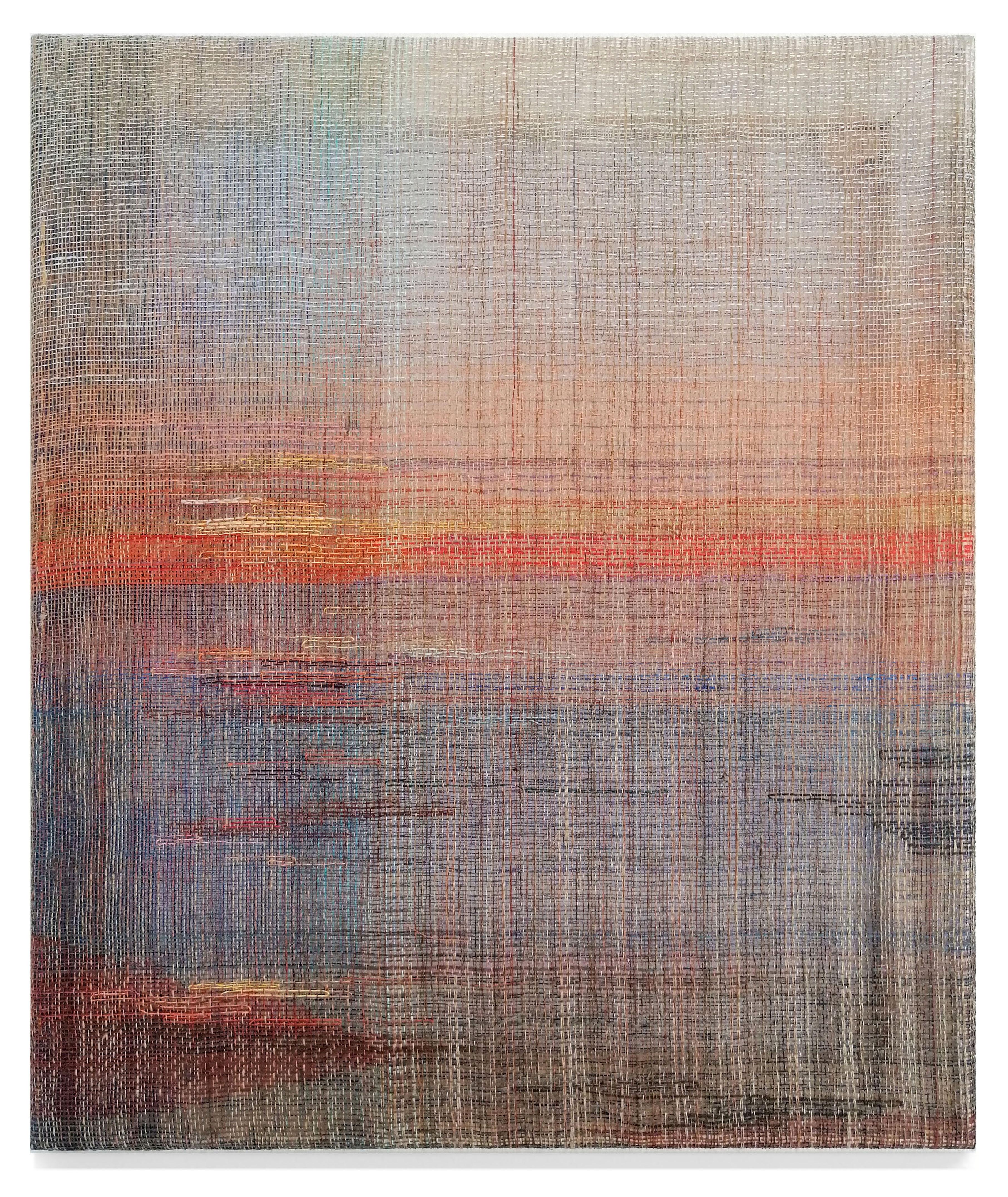 Sunset - Handwoven  Abstract Landscape, Contemporary Woven and Painted Artwork - Painting by Marta Pokojowczyk