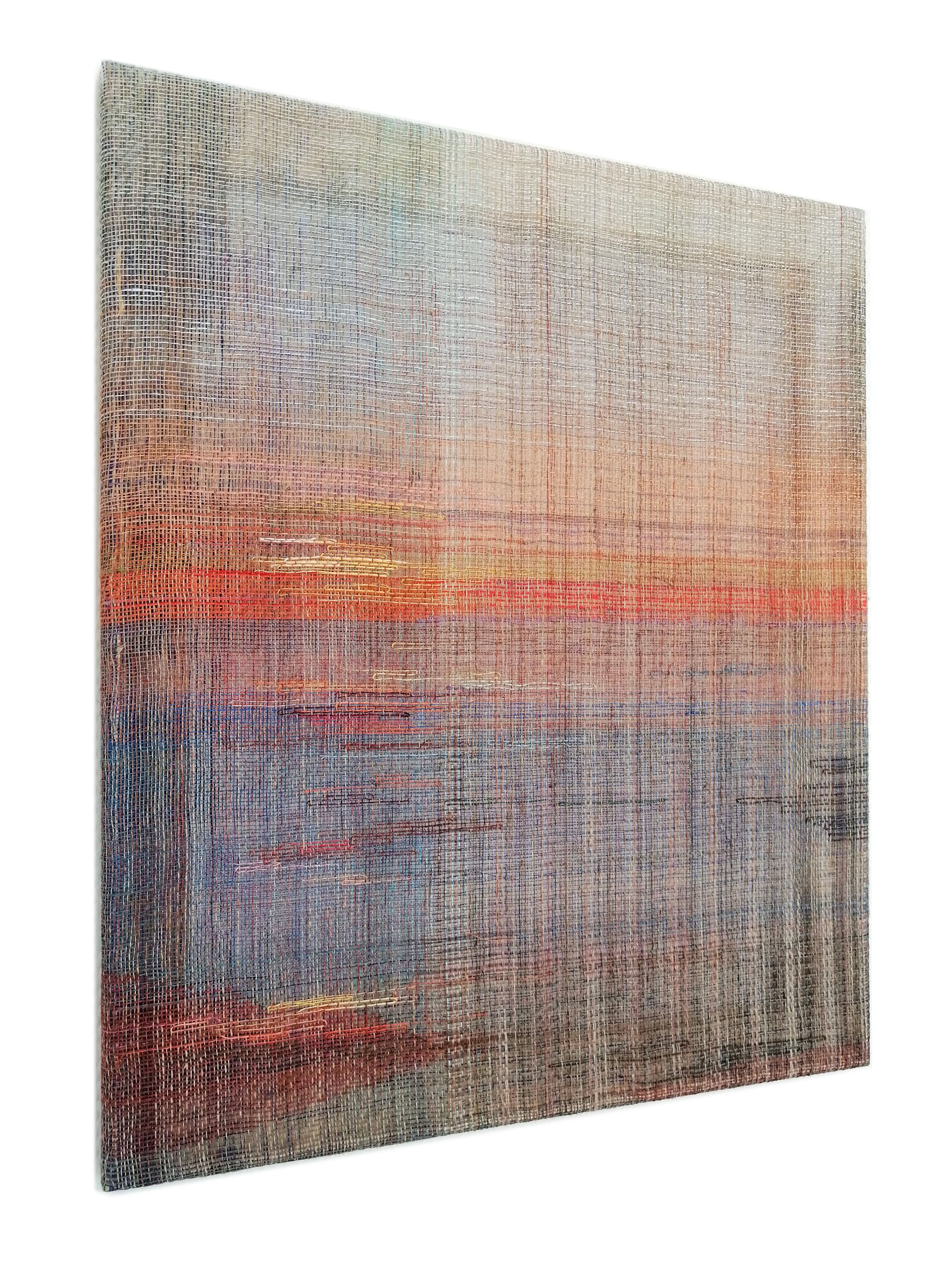 From the series Horizons – Sunset  2023
Handwoven painting, linen, cotton yarn, acrylic textile paint, 65 x 50 cm.

‘Horizons’ are a symbiosis of two disciplines of art, Painting and Weaving. Handwoven Canvas is entirely constructed on a weaving