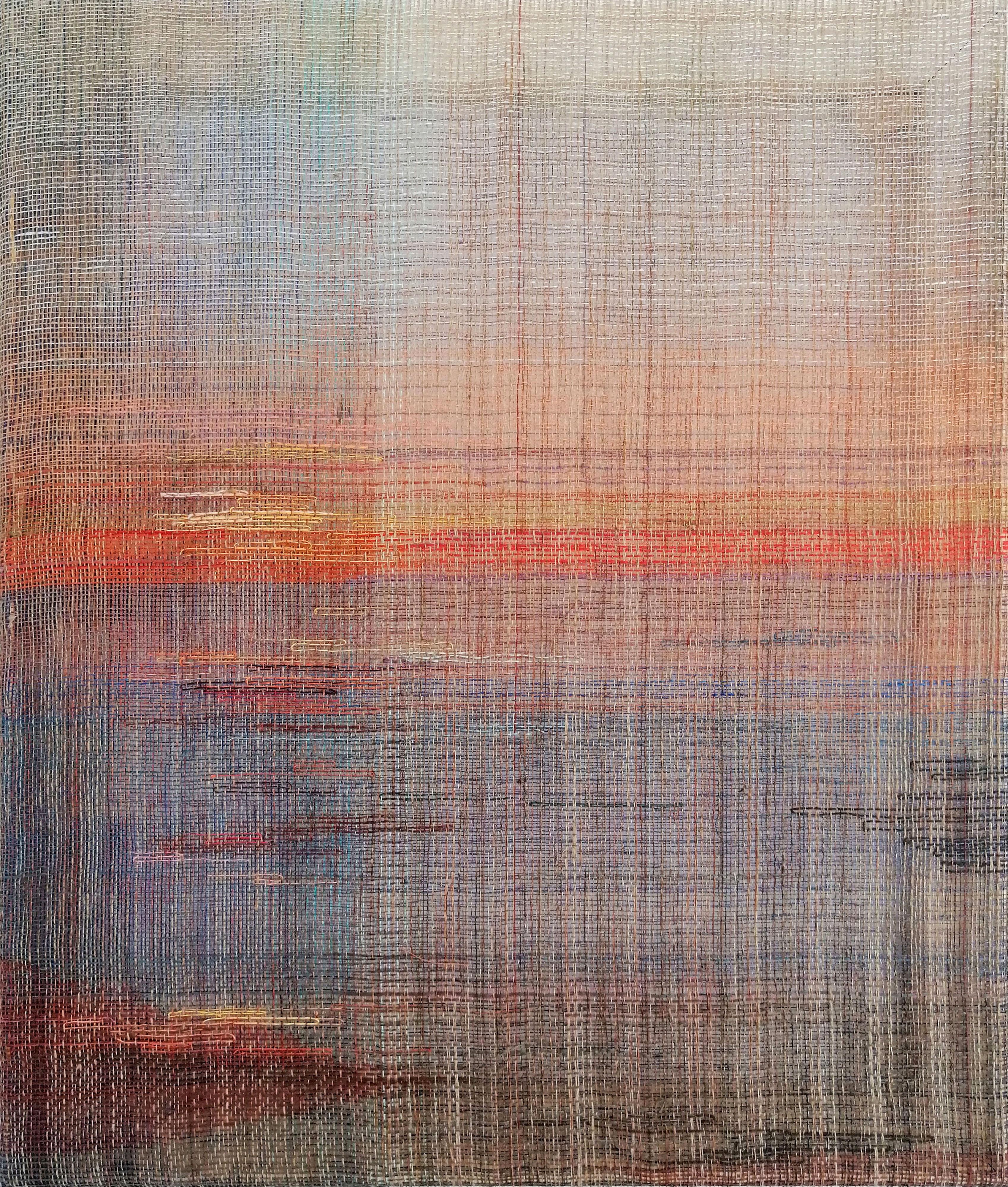 Sonnenuntergang - Handgewebt  Abstrakte Landschaft, Zeitgenössische gewebte und gemalte Kunstwerke