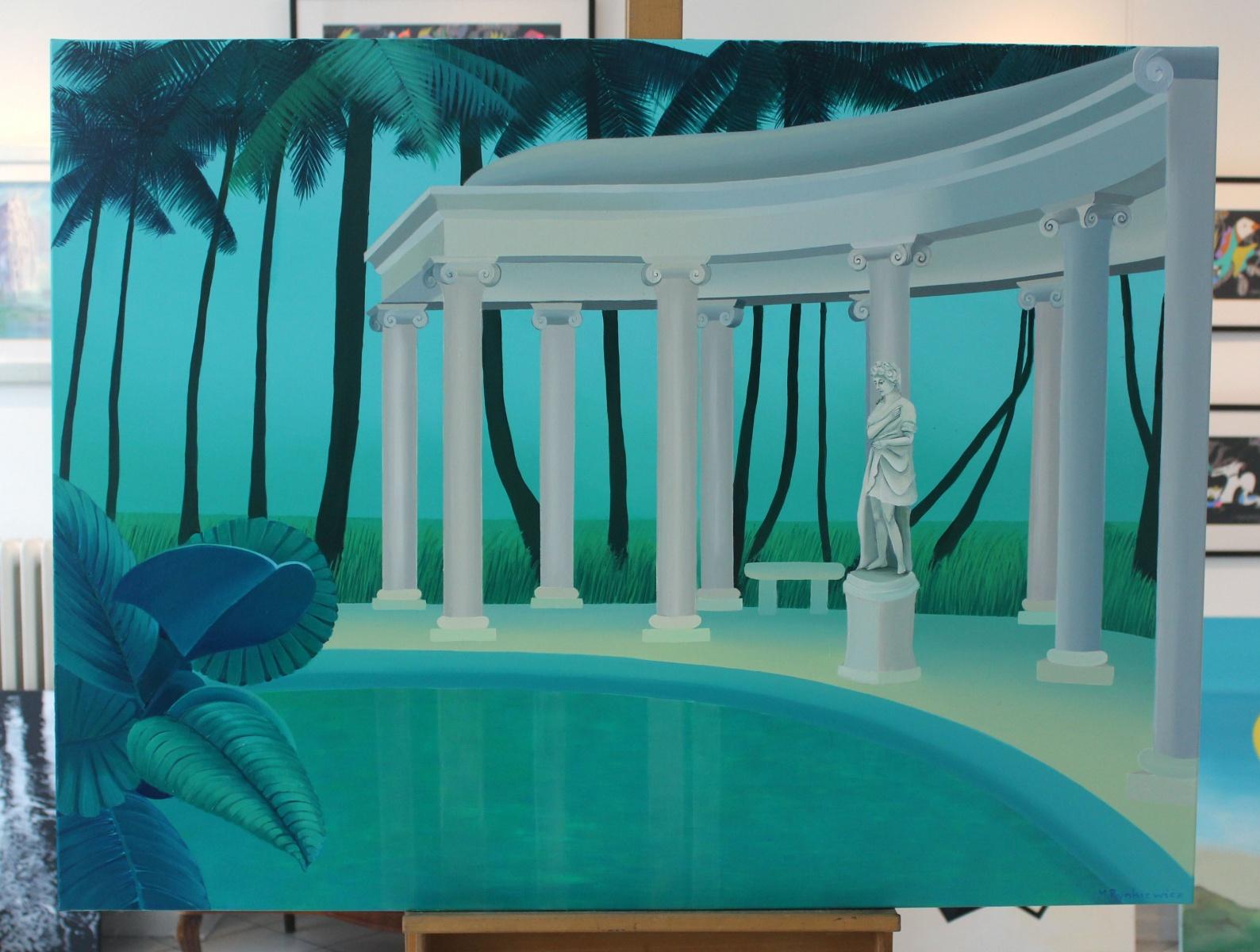 Colonnade in a palm forest - Figurative landscape acrylic painting, Green & blue - Painting by Marta Rynkiewicz