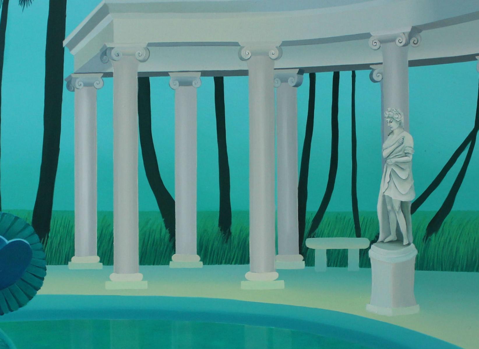 Colonnade in einem Palmenwald - Figuratives Landschaftsgemälde aus Acryl, grün und blau (Surrealismus), Painting, von Marta Rynkiewicz