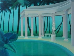 Colonnade in a palm forest - Figurative landscape acrylic painting, Green & blue