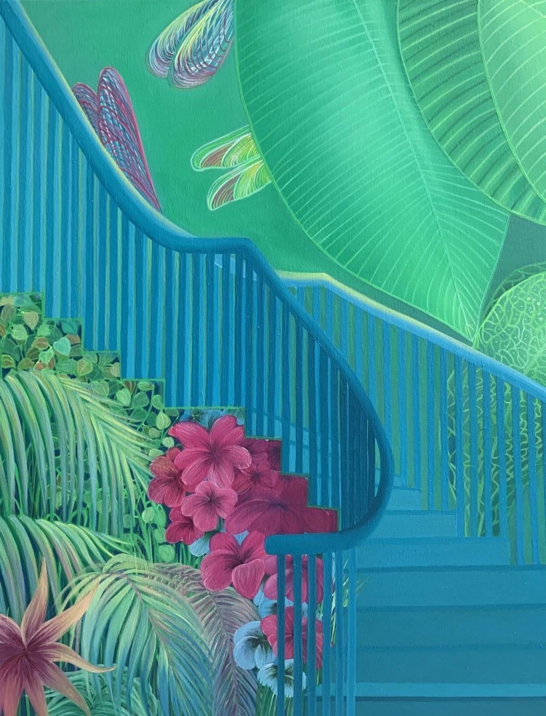 Schauen Sie nicht nach mir – Ölgemälde Pop-Art Leuchtend Farben Polnische Künstlerin (Blau), Landscape Painting, von Marta Rynkiewicz