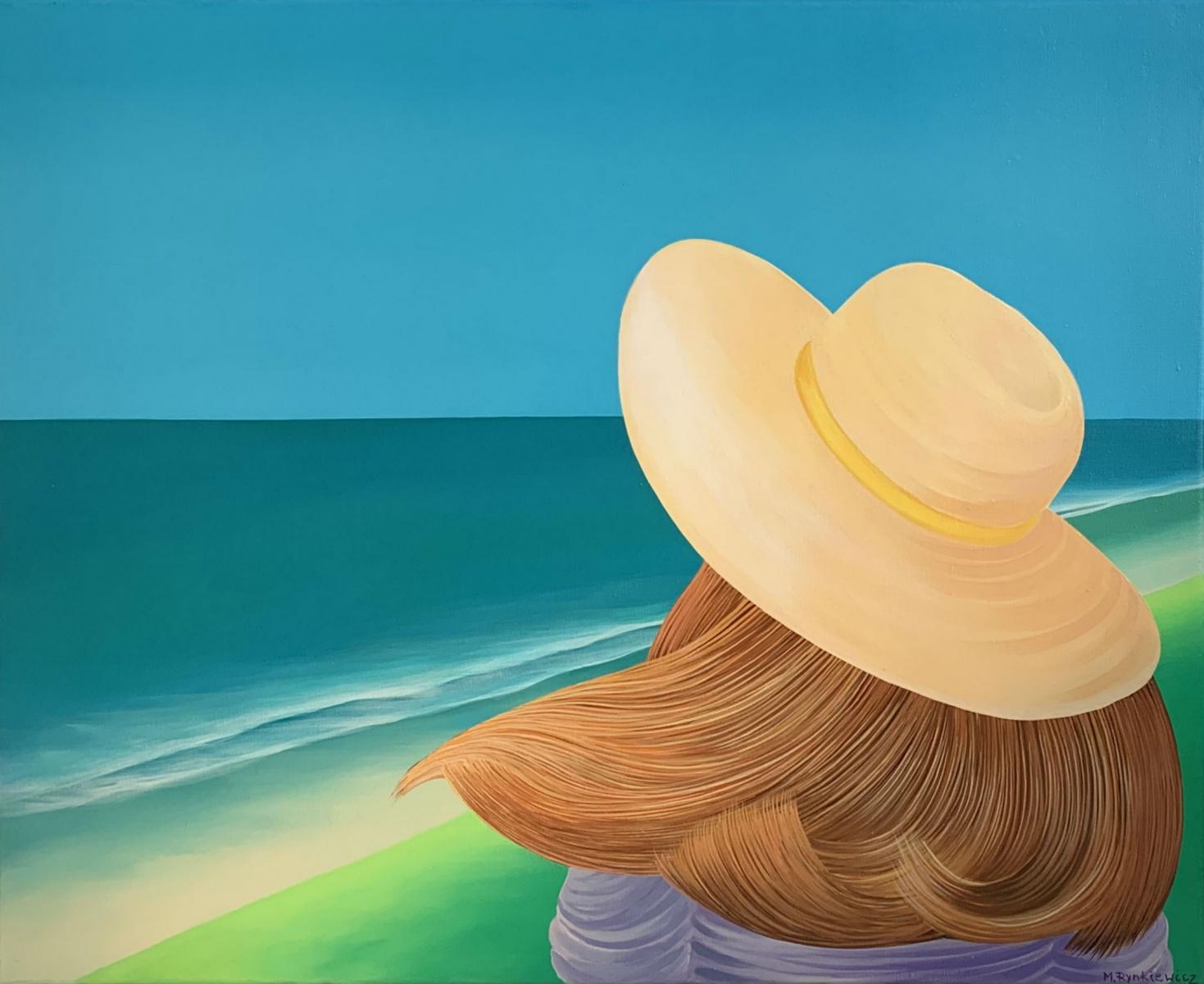 Marta Rynkiewicz Landscape Painting - Girl at the Sea - Landscape acrylic painting, Vibrant colors, Figurative pop art