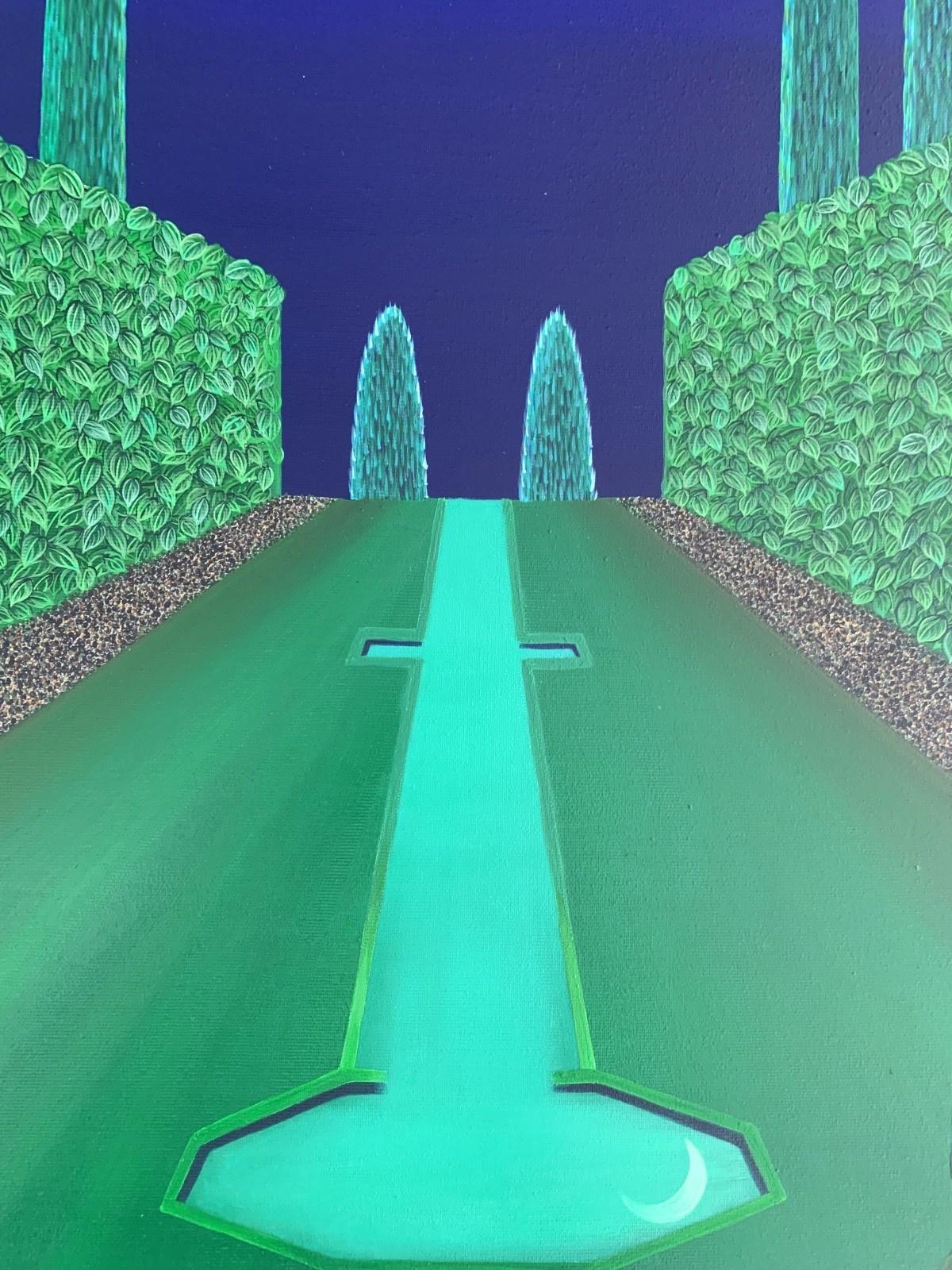 Himmelreicher Garten bei Nacht – Acrylmalerei, Pop-Art, lebhafte Farben, polnischer Künstler (Surrealismus), Painting, von Marta Rynkiewicz