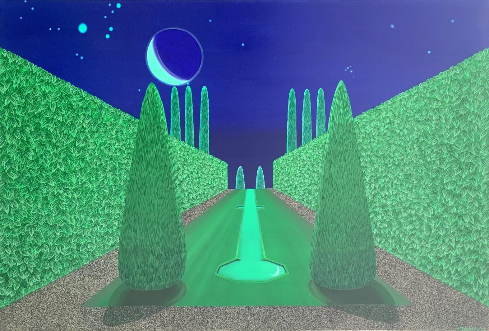 Marta Rynkiewicz Figurative Painting – Himmelreicher Garten bei Nacht – Acrylmalerei, Pop-Art, lebhafte Farben, polnischer Künstler