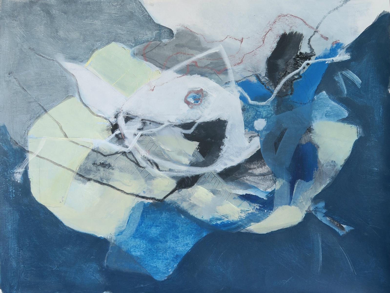 Sans titre - Peinture abstraite contemporaine à l'acrylique et au pastel, bleu et blanc - Abstrait Painting par Dominique Verburgh