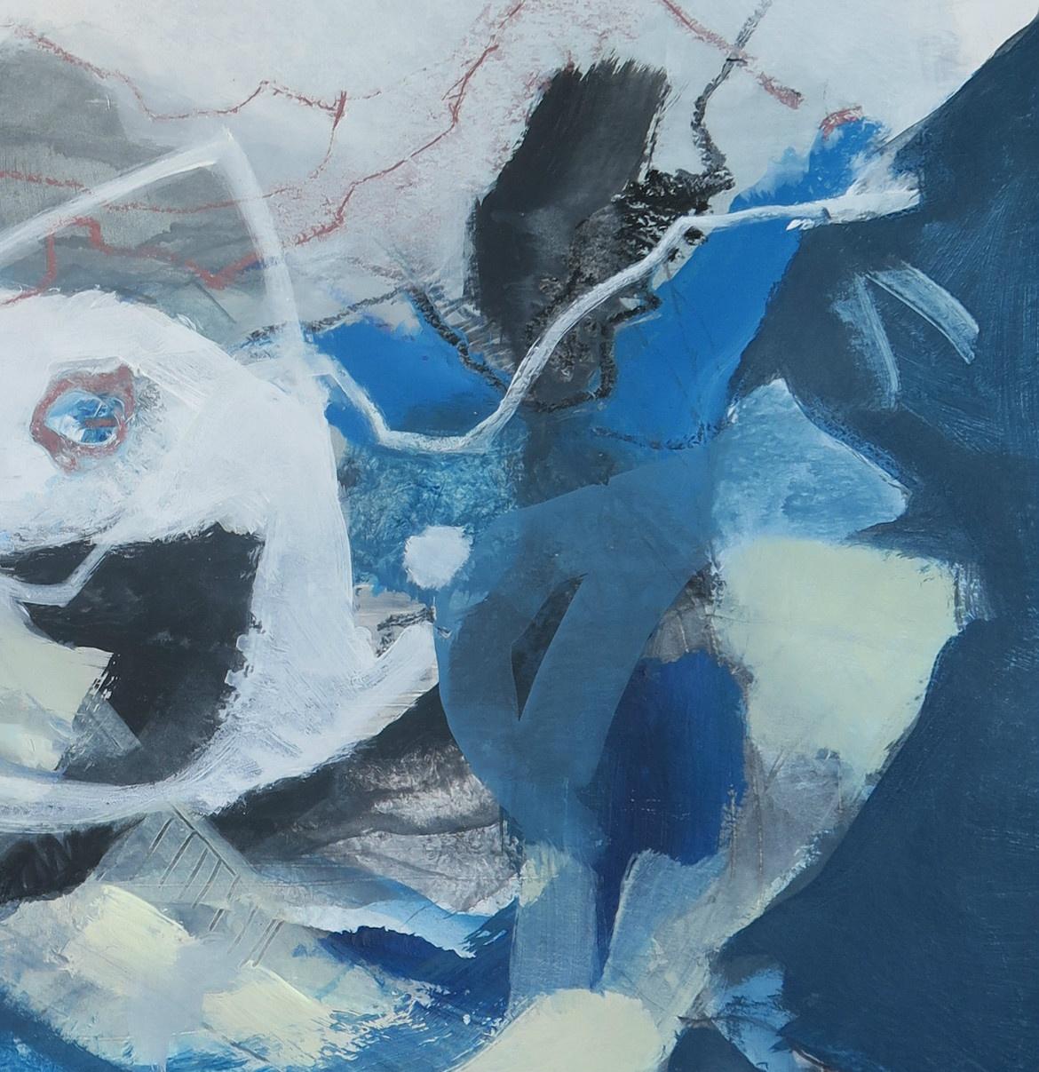 Sans titre - Peinture abstraite contemporaine à l'acrylique et au pastel, bleu et blanc - Bleu Abstract Painting par Dominique Verburgh