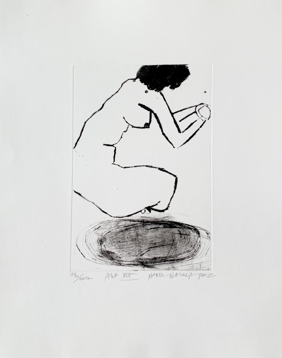 Nude - Contemporary Figurative Etching Print, Female artist, Polish art - Gray Nude Print by Marta Wakula-Mac