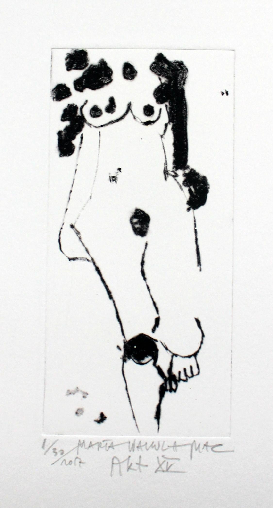 Nude XV - XXI Century, Contemporary Figurative Drypoint Etching Print - Gray Figurative Print by Marta Wakula-Mac