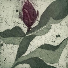 Zeitgenössische lila Magnolie 2 - Zeitgenössische figurative Kaltnadelradierung Druck Blume Floral