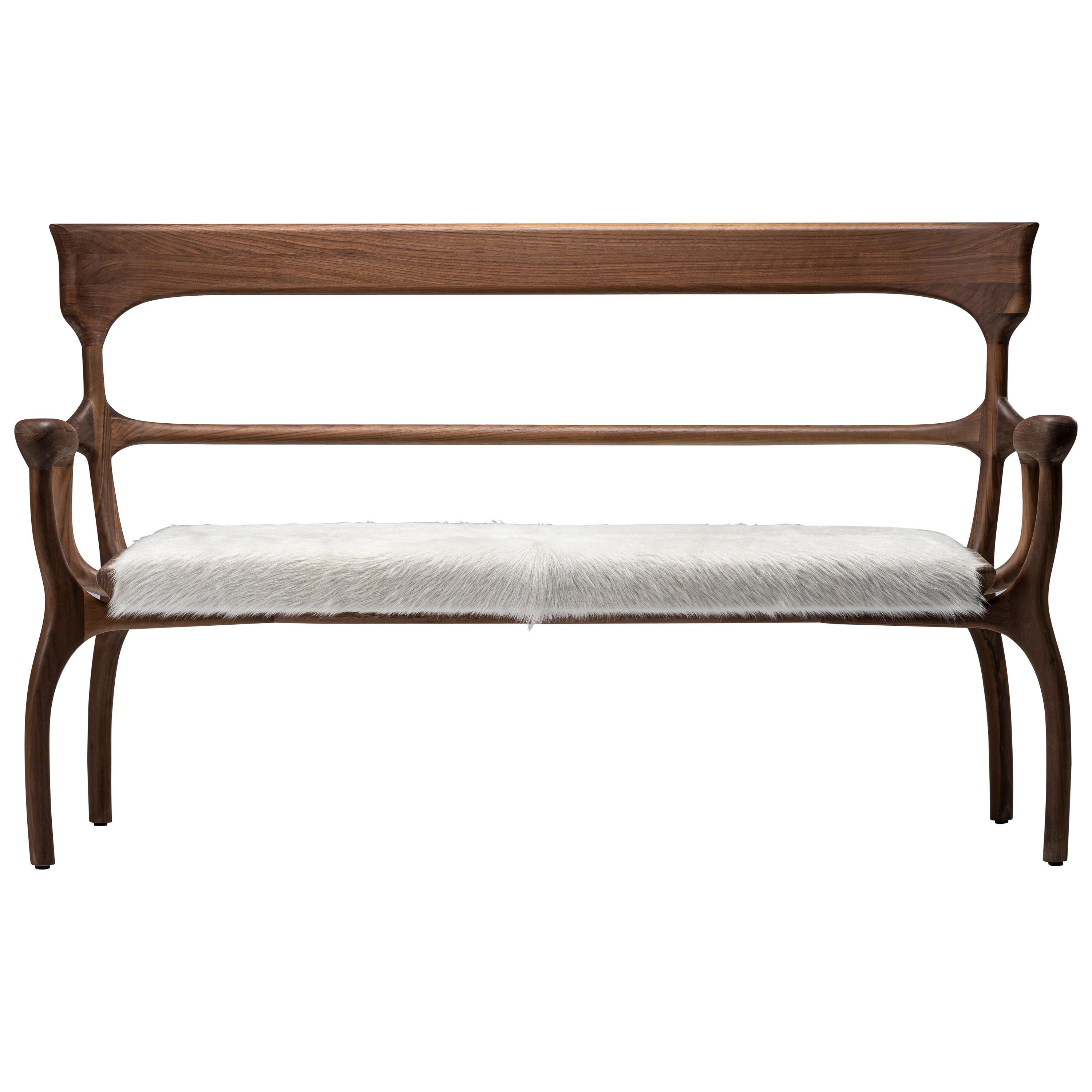 MARTA Walnut Settee/Bench with Cream Leather/Cowhide Seat by Mandy Graham For Sale