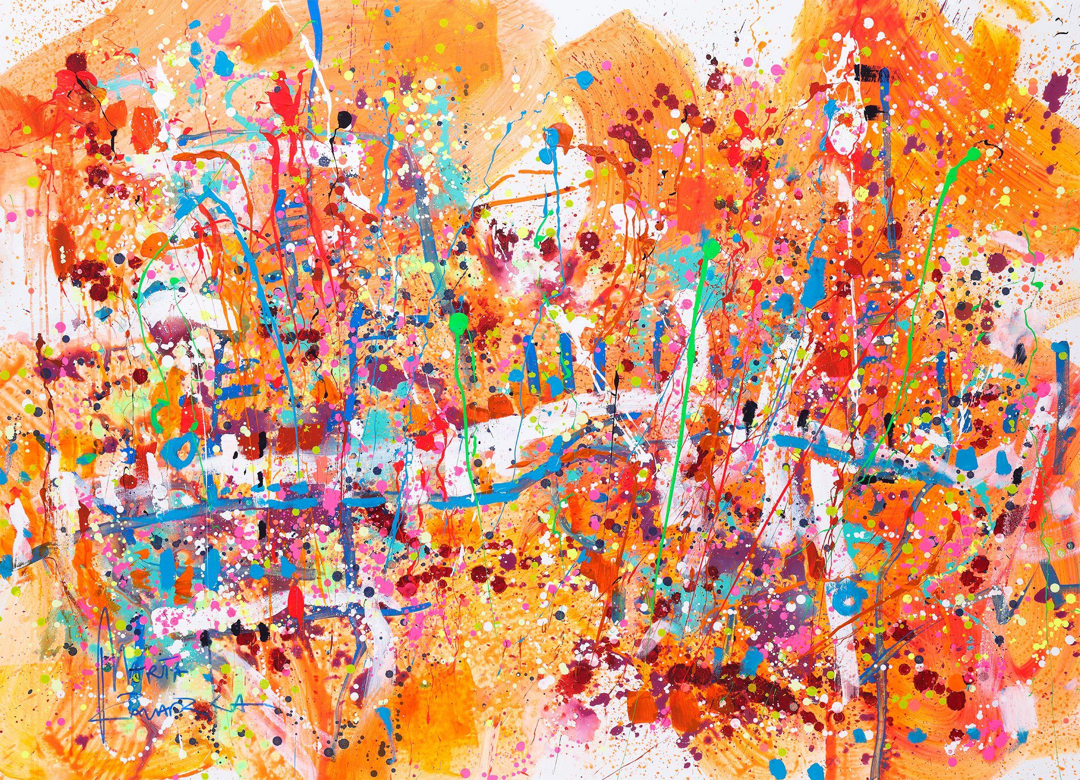 Marta Zawadzka Abstract Painting - Orange flowers, Painting, Acrylic on Canvas