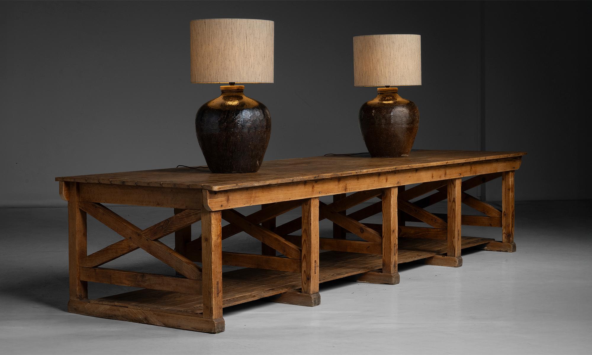 England, 1890
Ceramic bases in original glazed finish with linen barrel shades.
19.5”dia x 36.5”h
Ref. L5133
$ 4,800 ea ( 2 avail )
