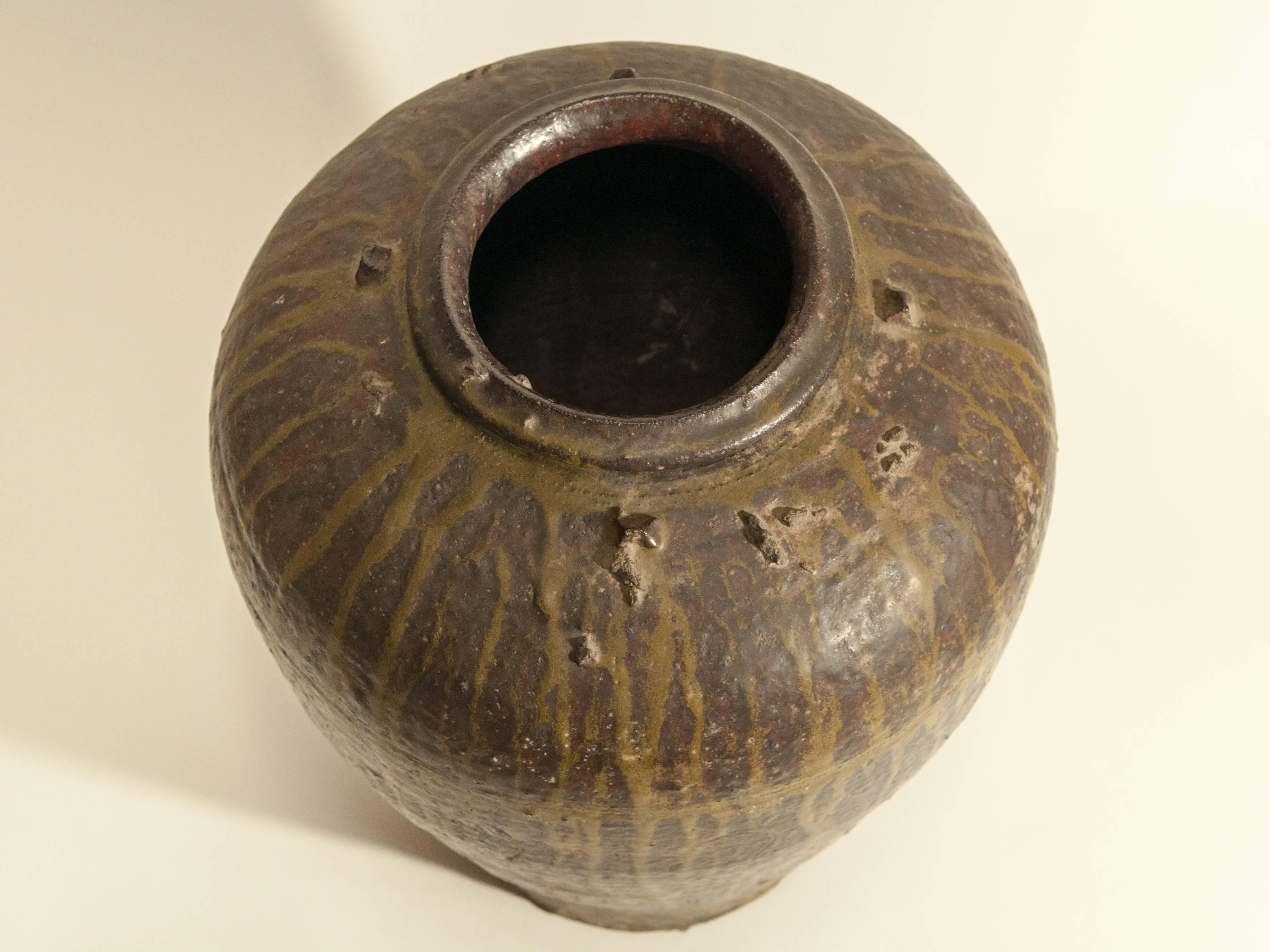 Martaban Ware Stoneware Storage Jar, Drip Glaze, Ming Dynasty, Found in Laos 1