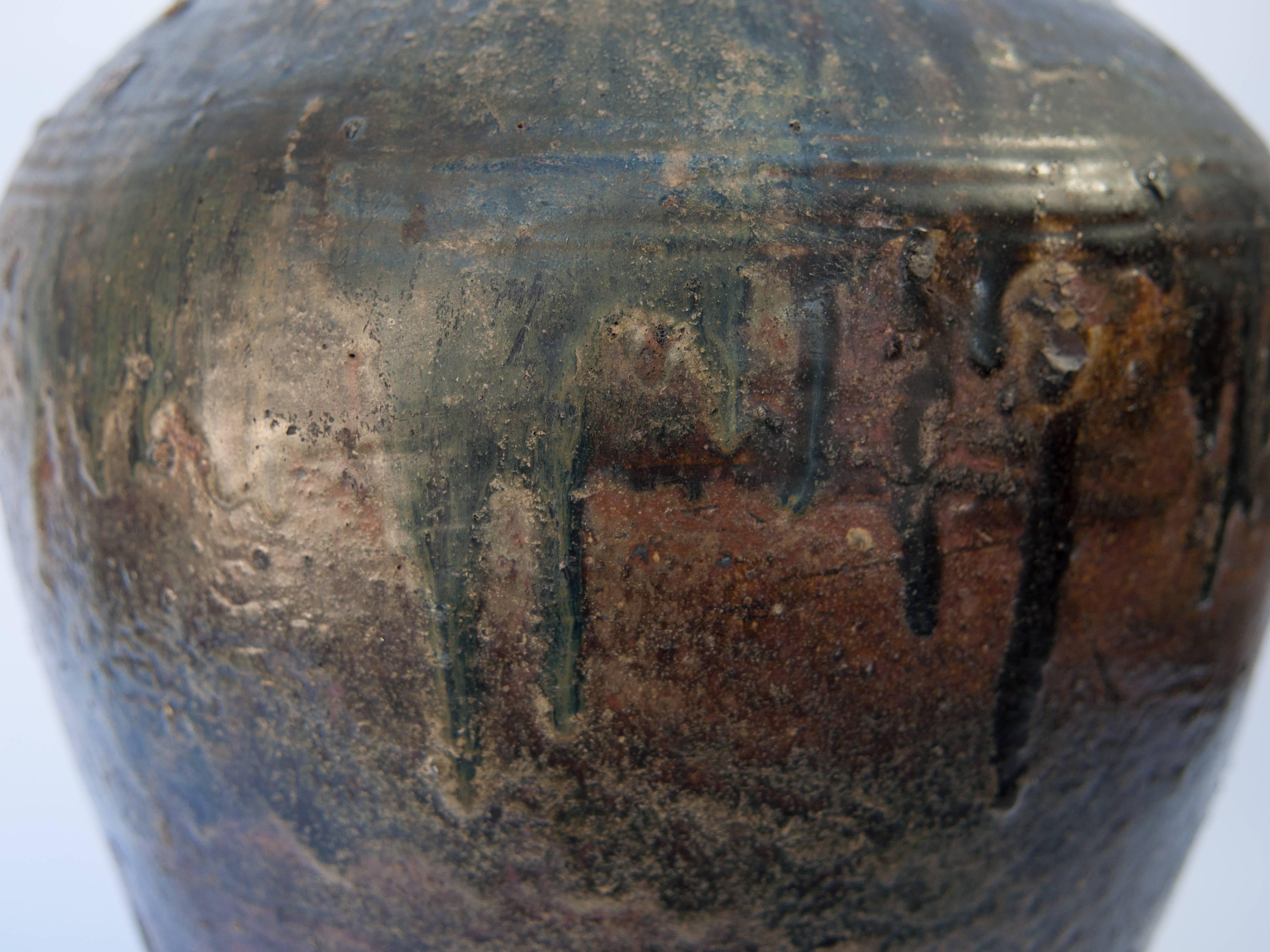 18th Century and Earlier Martaban Ware Stoneware Storage Jar, Running Glaze, Ming Dynasty, Found in Laos
