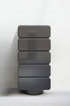 Marte D5, High Chest of Drawers, in Jet Black Lacquered Wood, Glossy Finish
