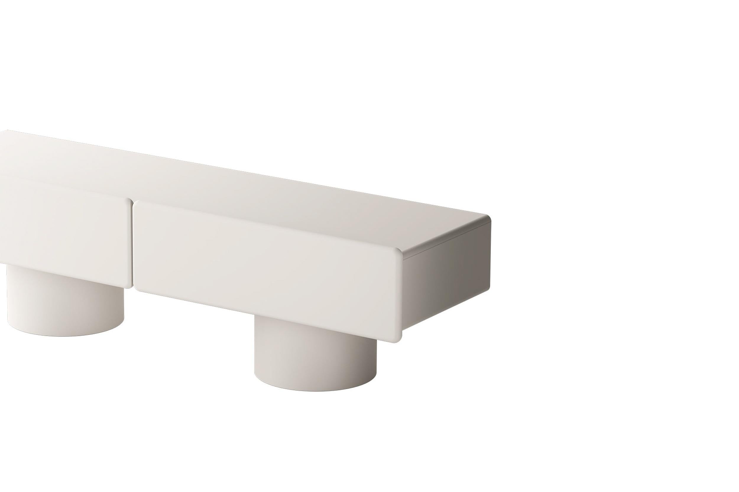 Marte2, Low Sideboard with Two Drawers with Cylinder Legs by Ultramobili
Dimensions:  W 180.3 x D 53 x H 52 cm
Materials: Matte or Glossy Lacquer Finish. 

Low sideboard with 2 drawers and round legs. Rounded fronts and angles. Matte or glossy