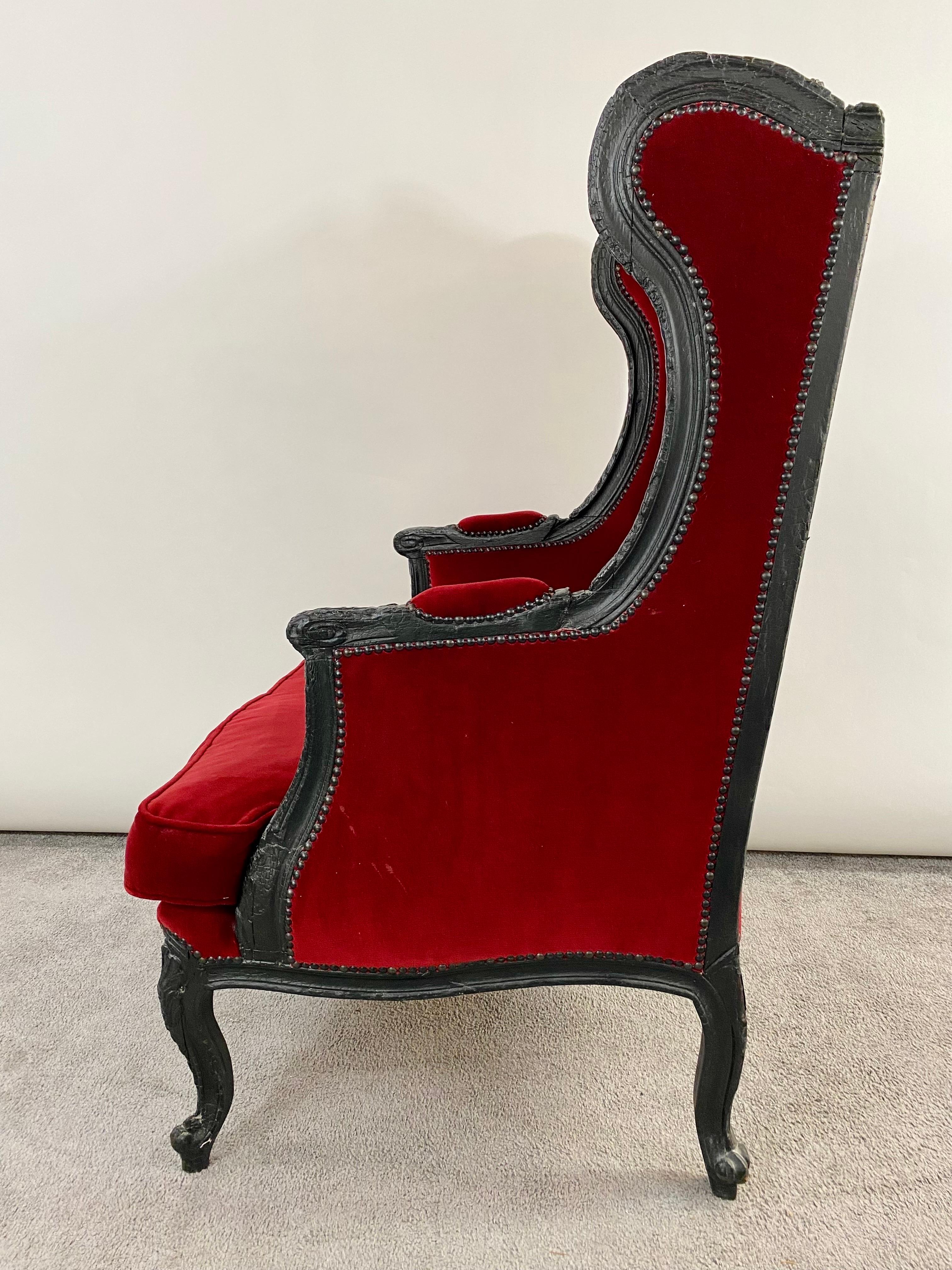 Marteen Baas Renaissance Revival Style Smoke Red Velvet Wingback Chair & Ottoman 5