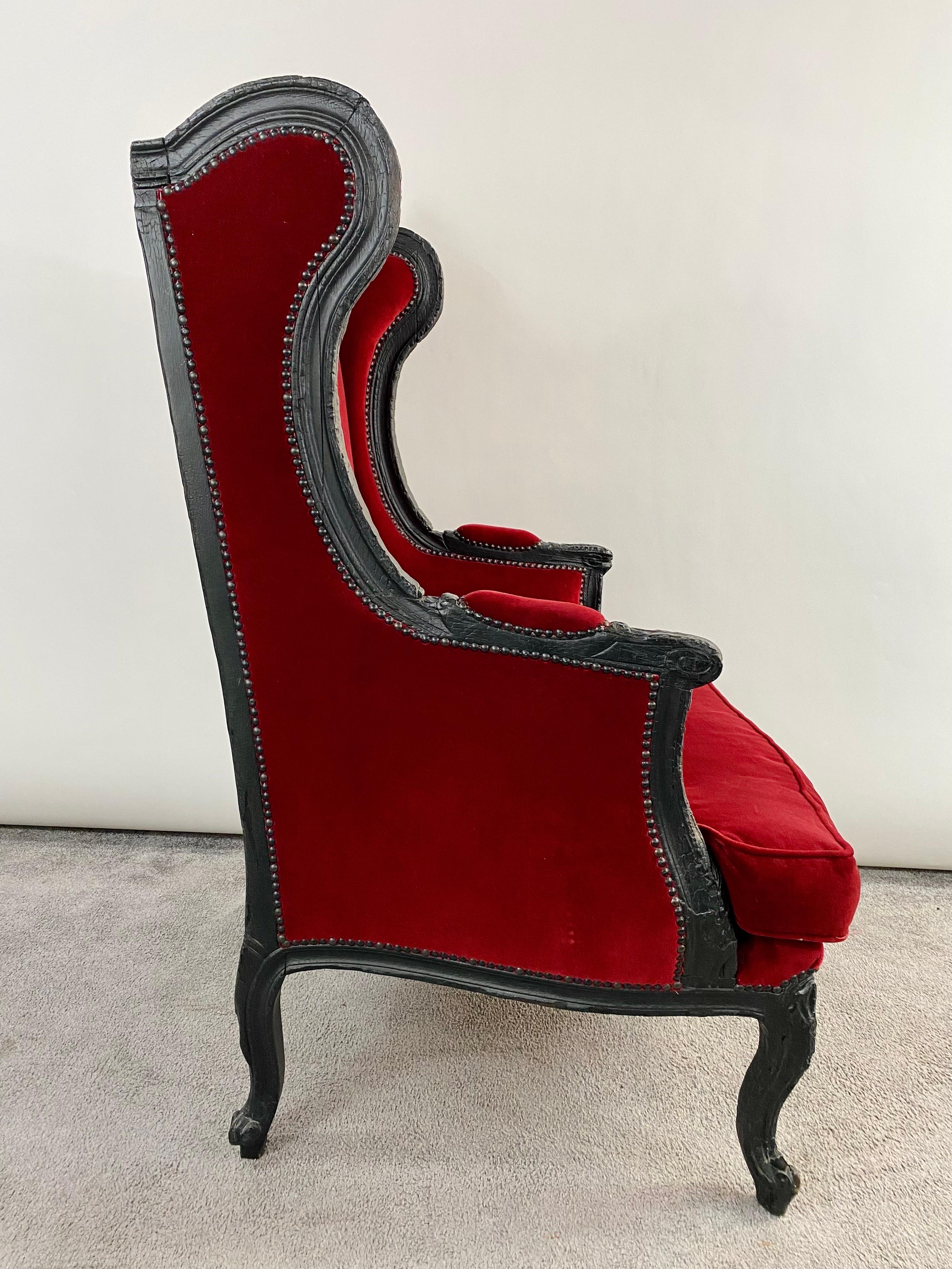 Marteen Baas Renaissance Revival Style Smoke Red Velvet Wingback Chair & Ottoman 7