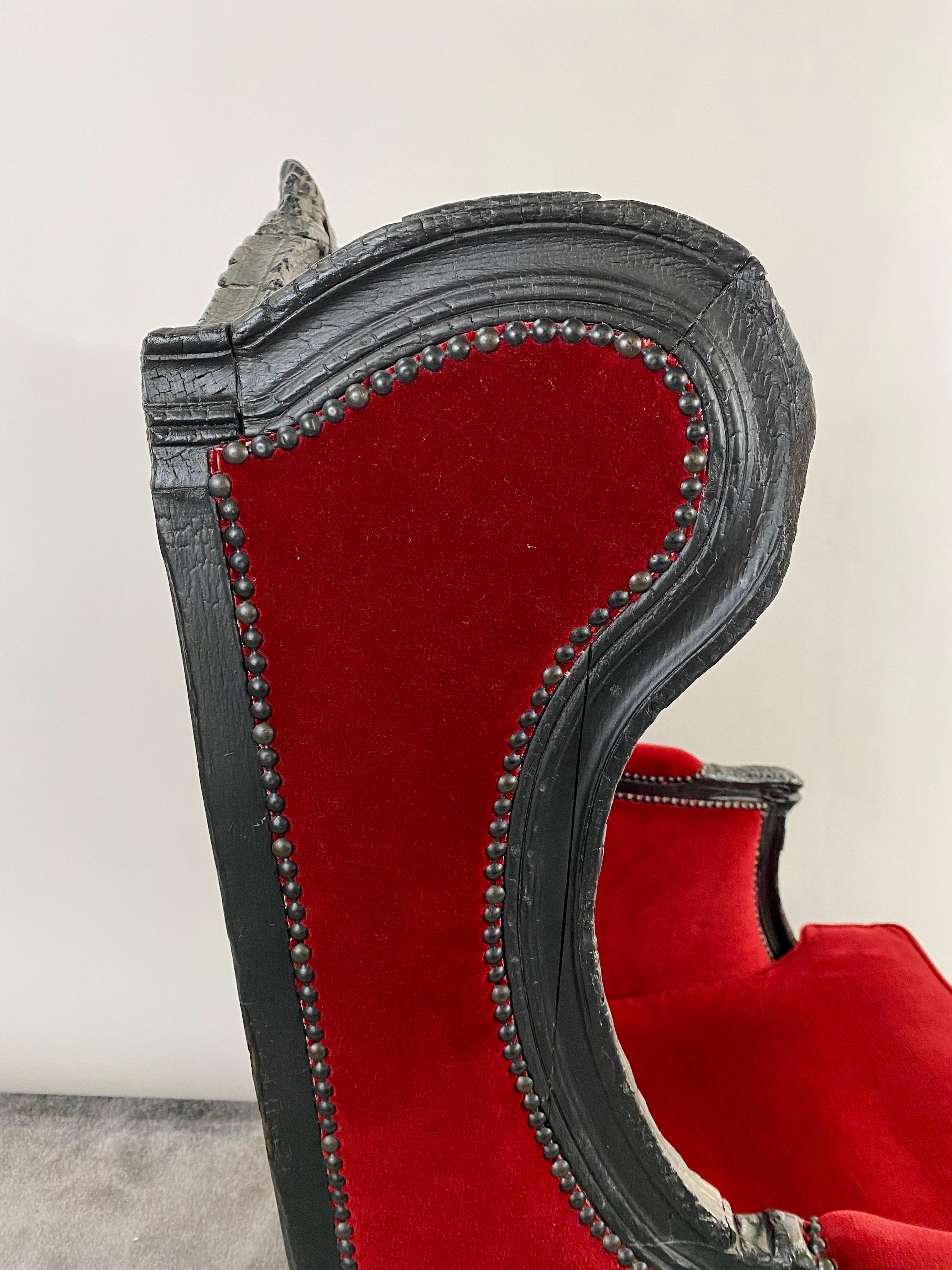 Marteen Baas Renaissance Revival Style Smoke Red Velvet Wingback Chair & Ottoman 8