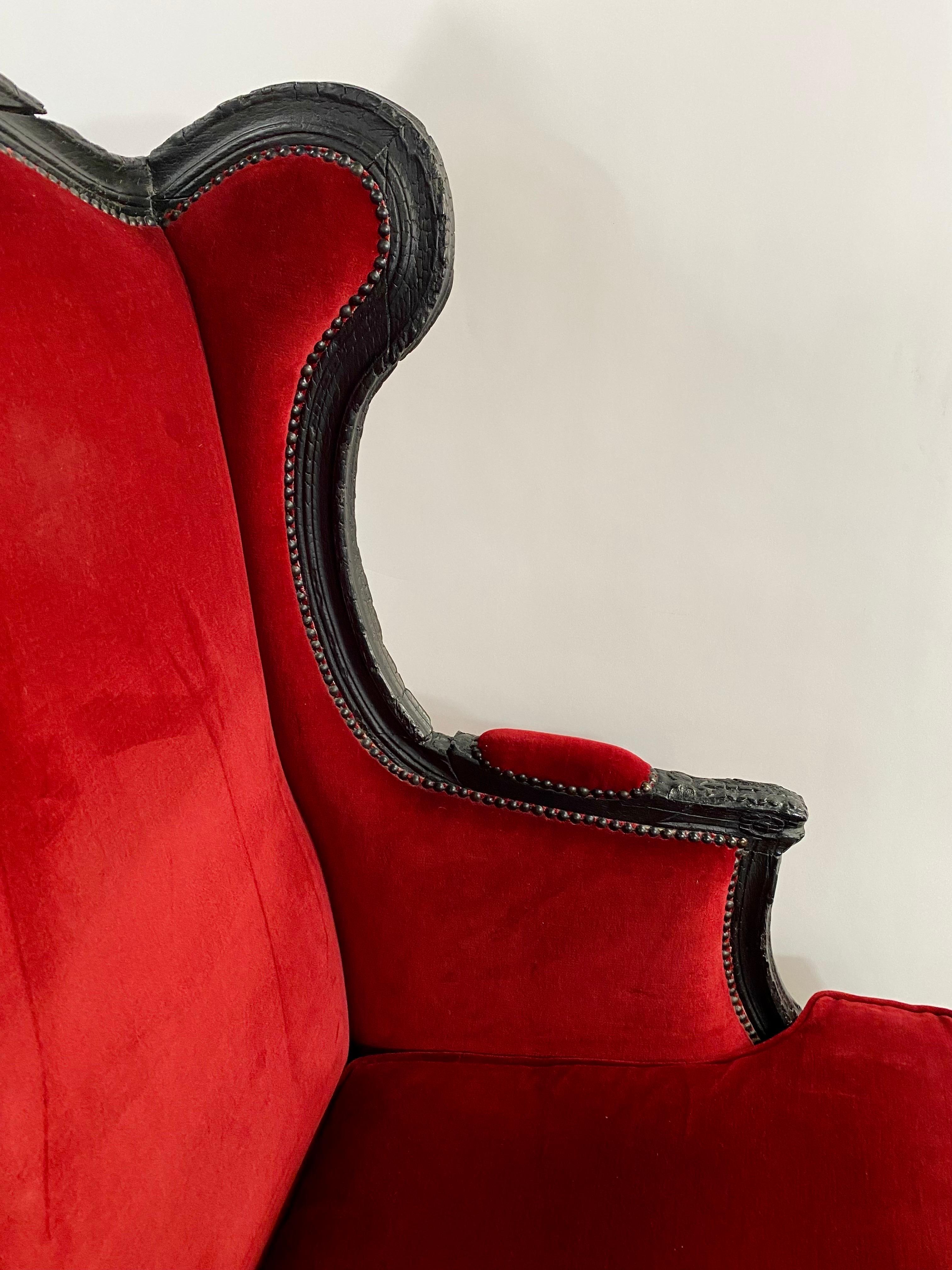 Marteen Baas Renaissance Revival Style Smoke Red Velvet Wingback Chair & Ottoman 9
