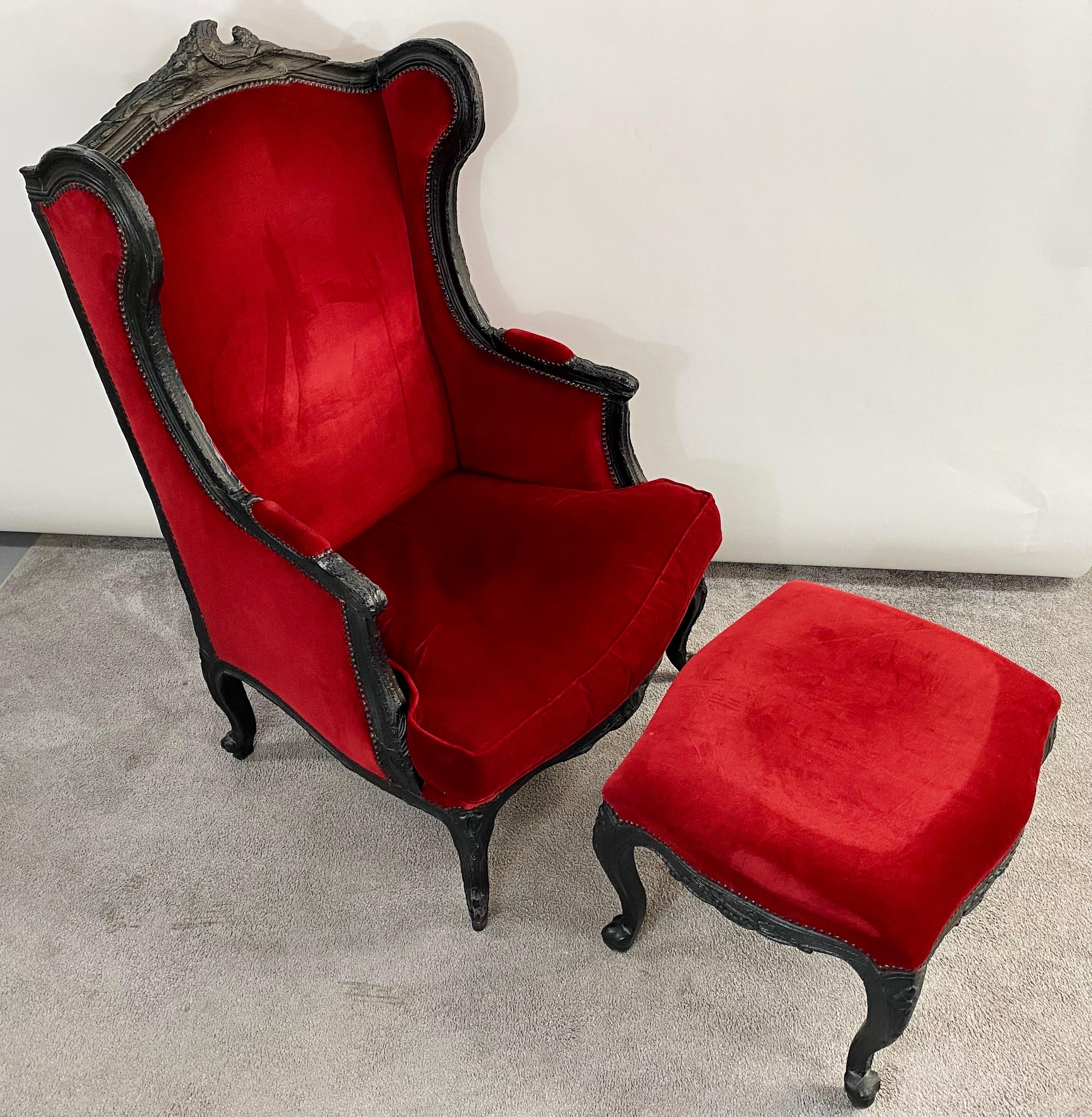 Marteen Baas Renaissance Revival Style Smoke Red Velvet Wingback Chair & Ottoman 10
