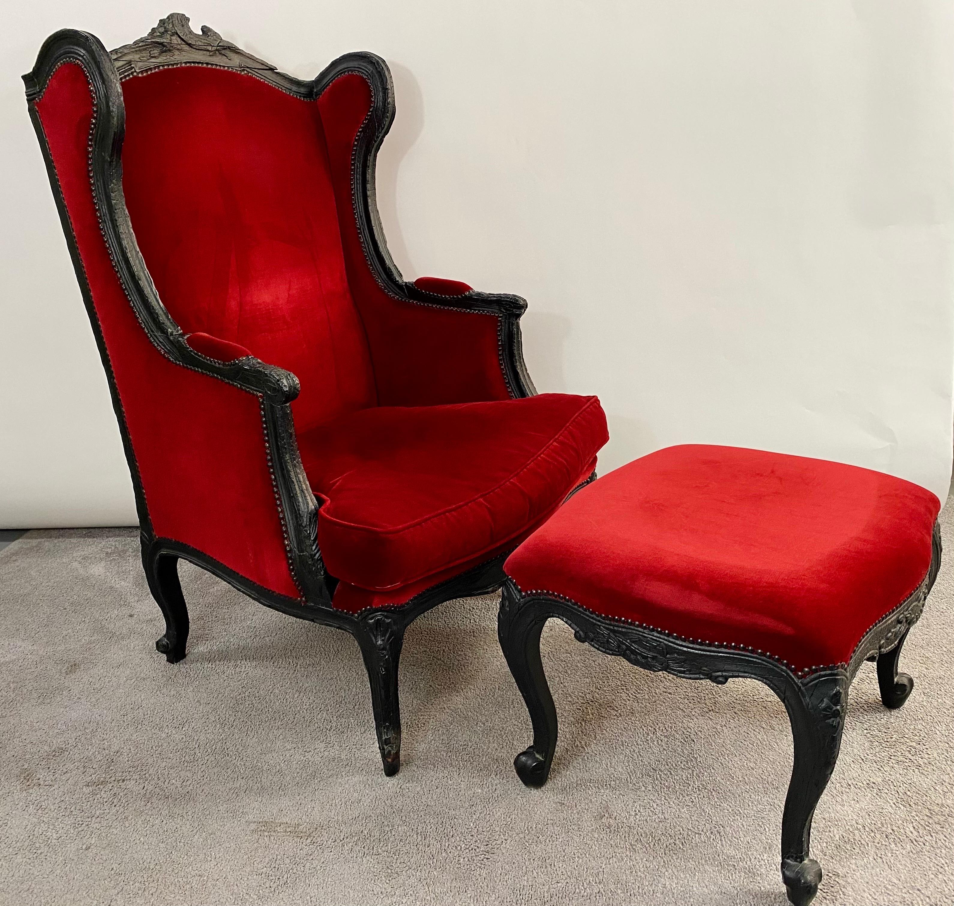 Marteen Baas Renaissance Revival Style Smoke Red Velvet Wingback Chair & Ottoman 11