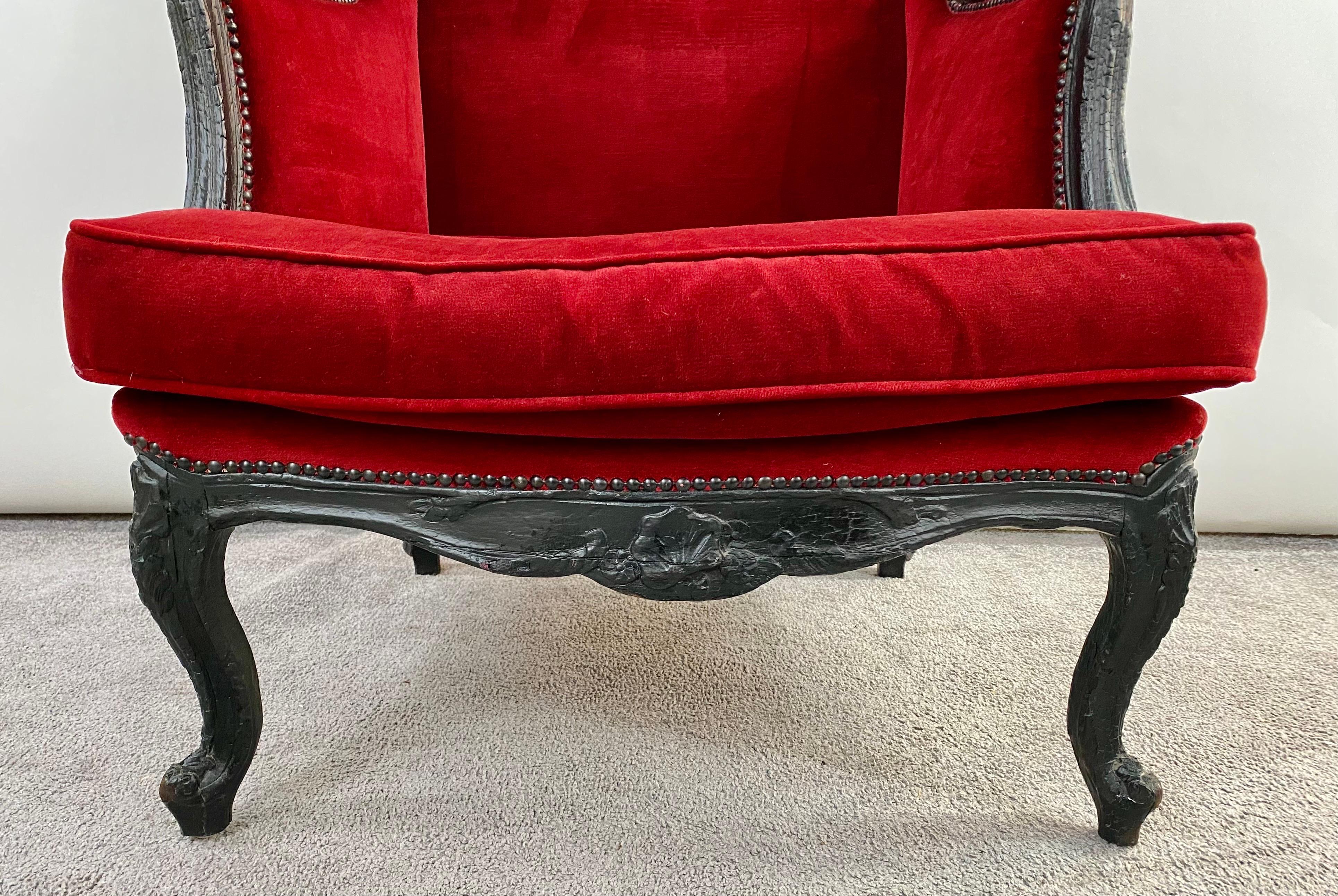 Dutch Marteen Baas Renaissance Revival Style Smoke Red Velvet Wingback Chair & Ottoman