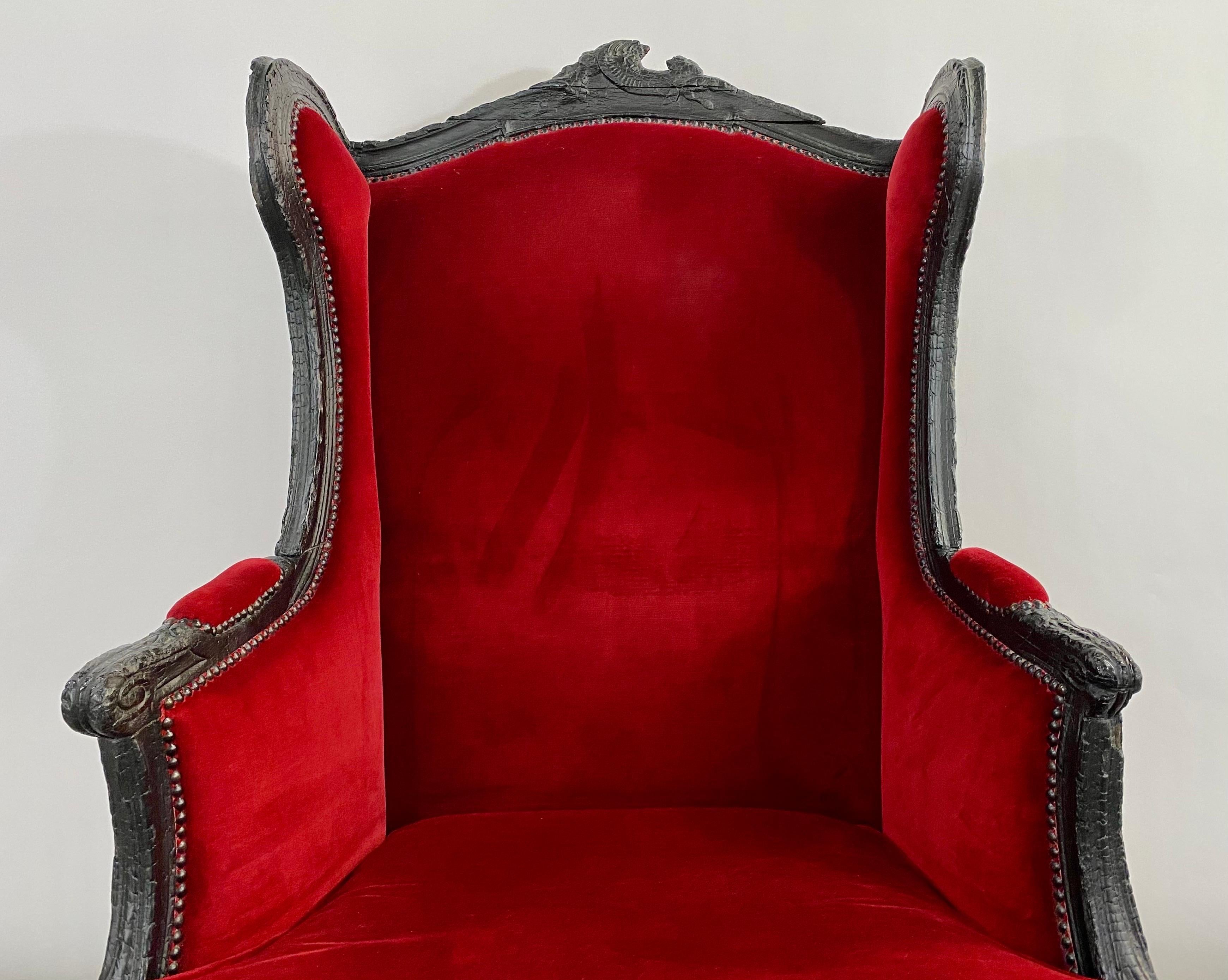 Hand-Carved Marteen Baas Renaissance Revival Style Smoke Red Velvet Wingback Chair & Ottoman