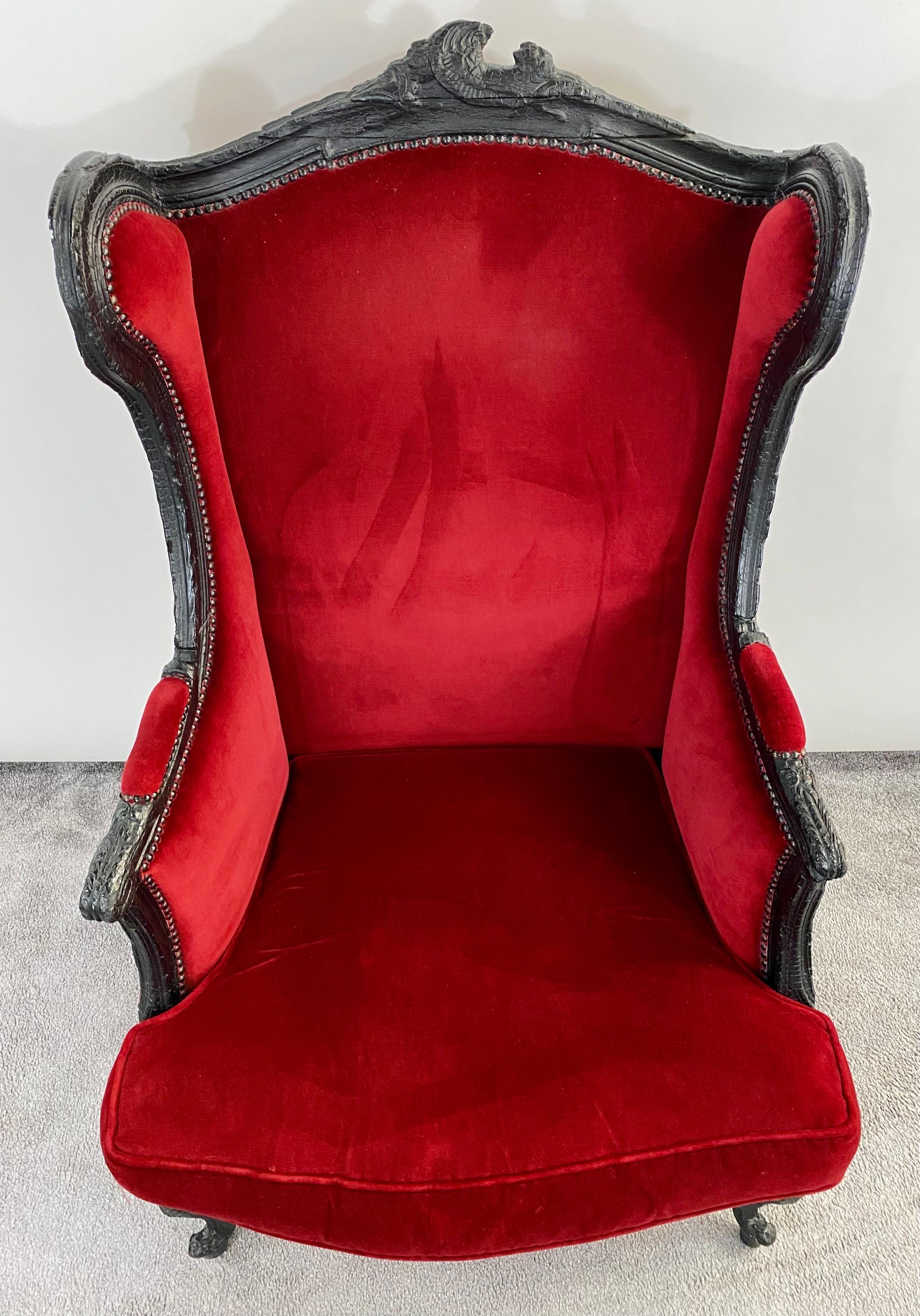 Marteen Baas Renaissance Revival Style Smoke Red Velvet Wingback Chair & Ottoman In Good Condition In Plainview, NY