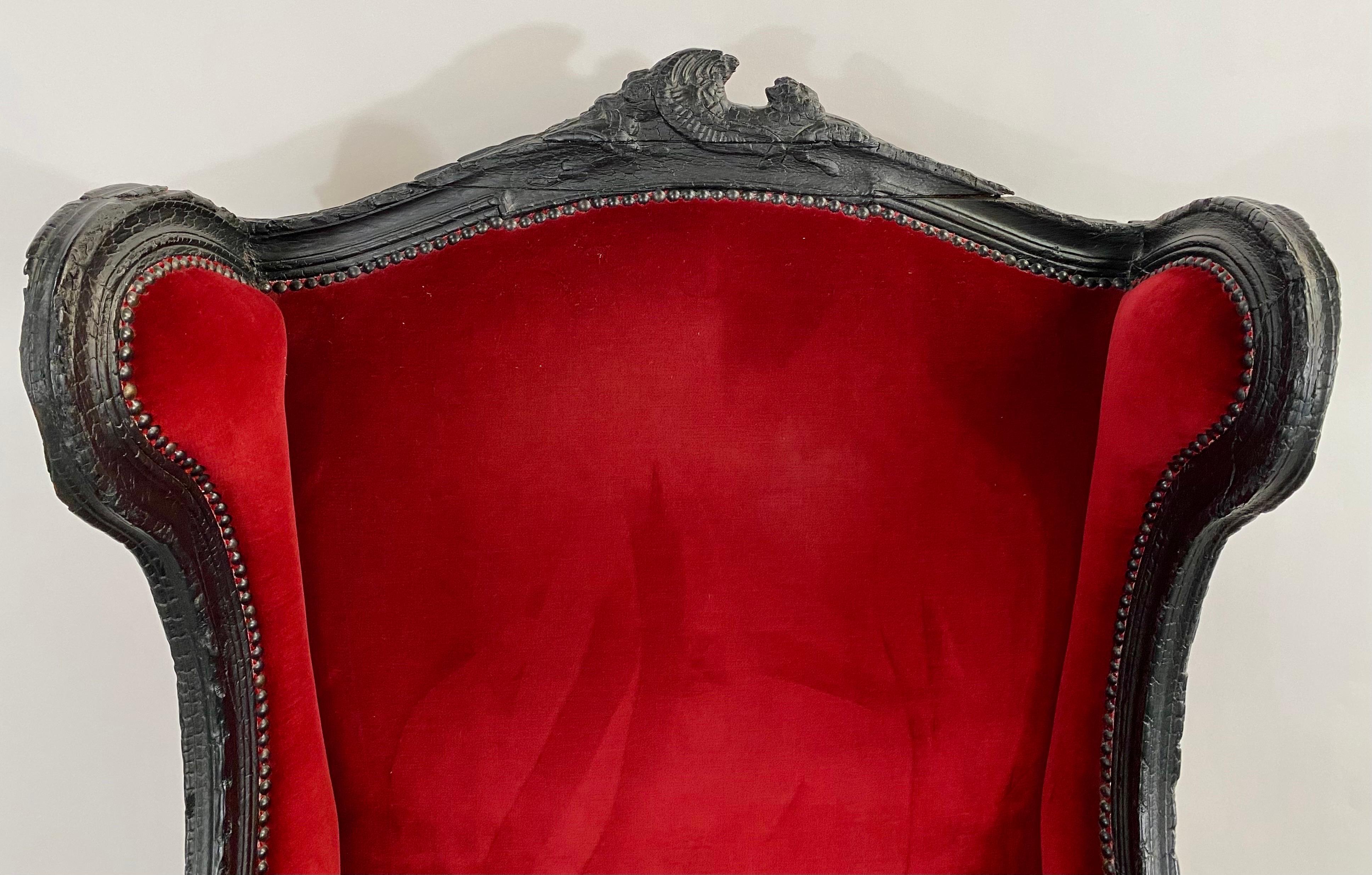 Contemporary Marteen Baas Renaissance Revival Style Smoke Red Velvet Wingback Chair & Ottoman