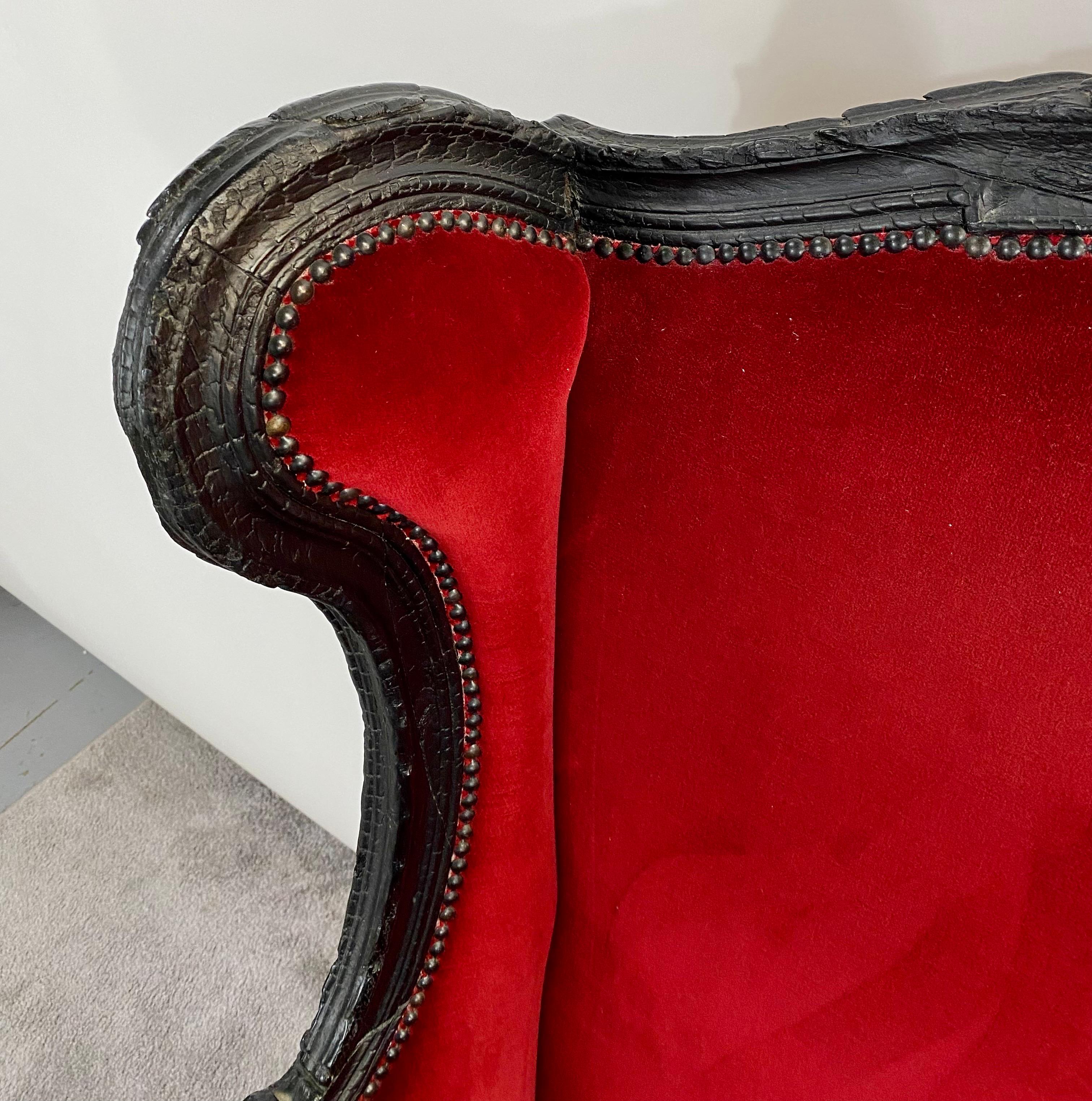 Marteen Baas Renaissance Revival Style Smoke Red Velvet Wingback Chair & Ottoman 2