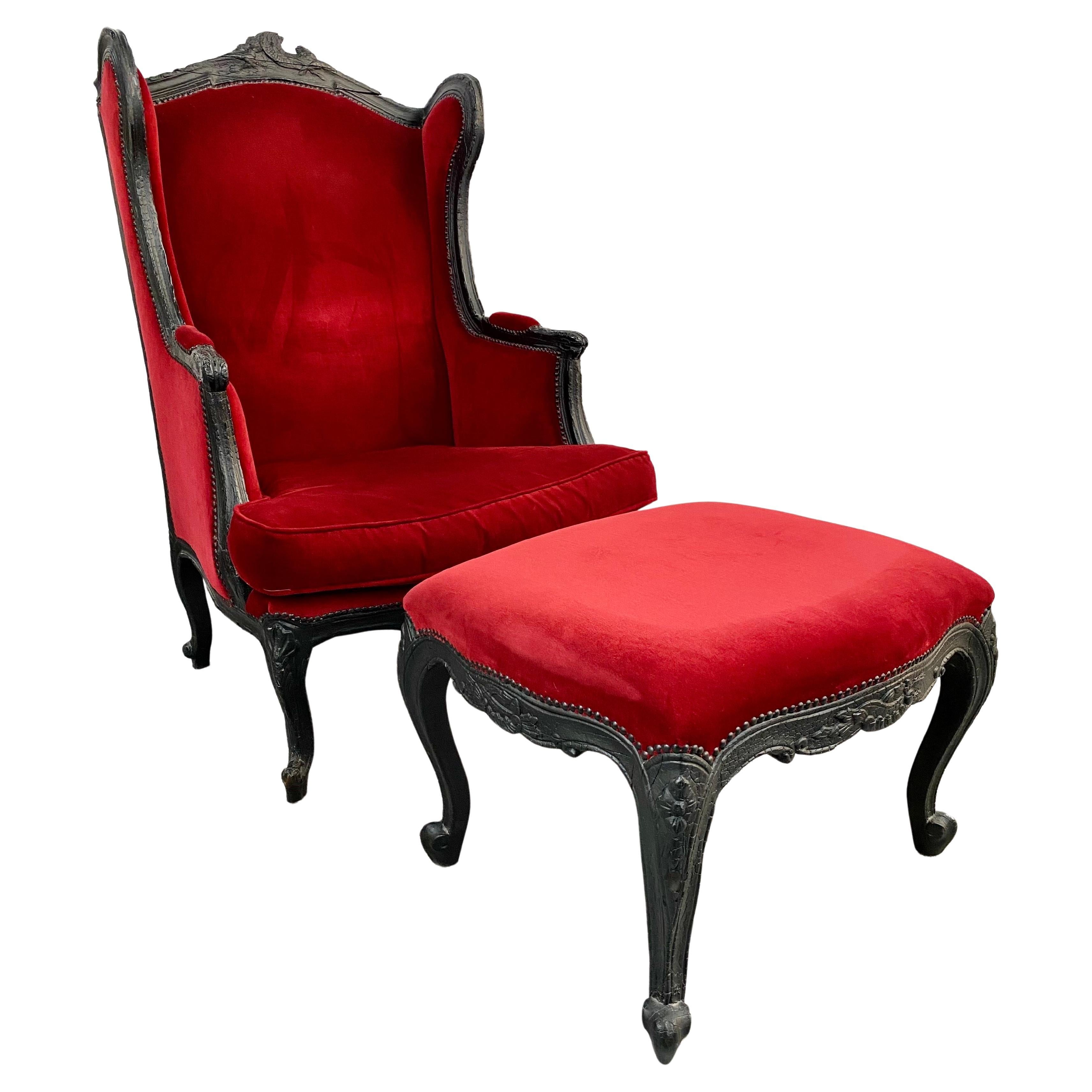 Marteen Baas Renaissance Revival Style Smoke Red Velvet Wingback Chair and  Ottoman For Sale at 1stDibs