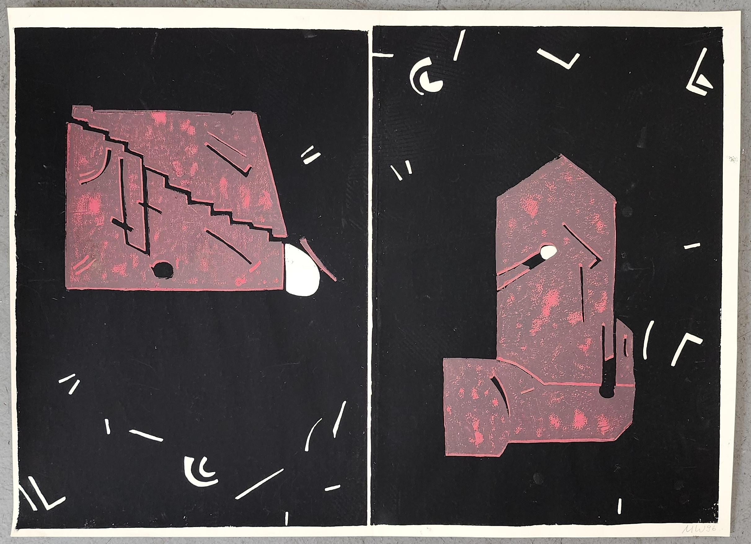 Sin título (Abstracto, Moderno, Rojo, Negro, Linograbado, ~33% DE DESCUENTO - TIEMPO LIMITADO) en venta 1