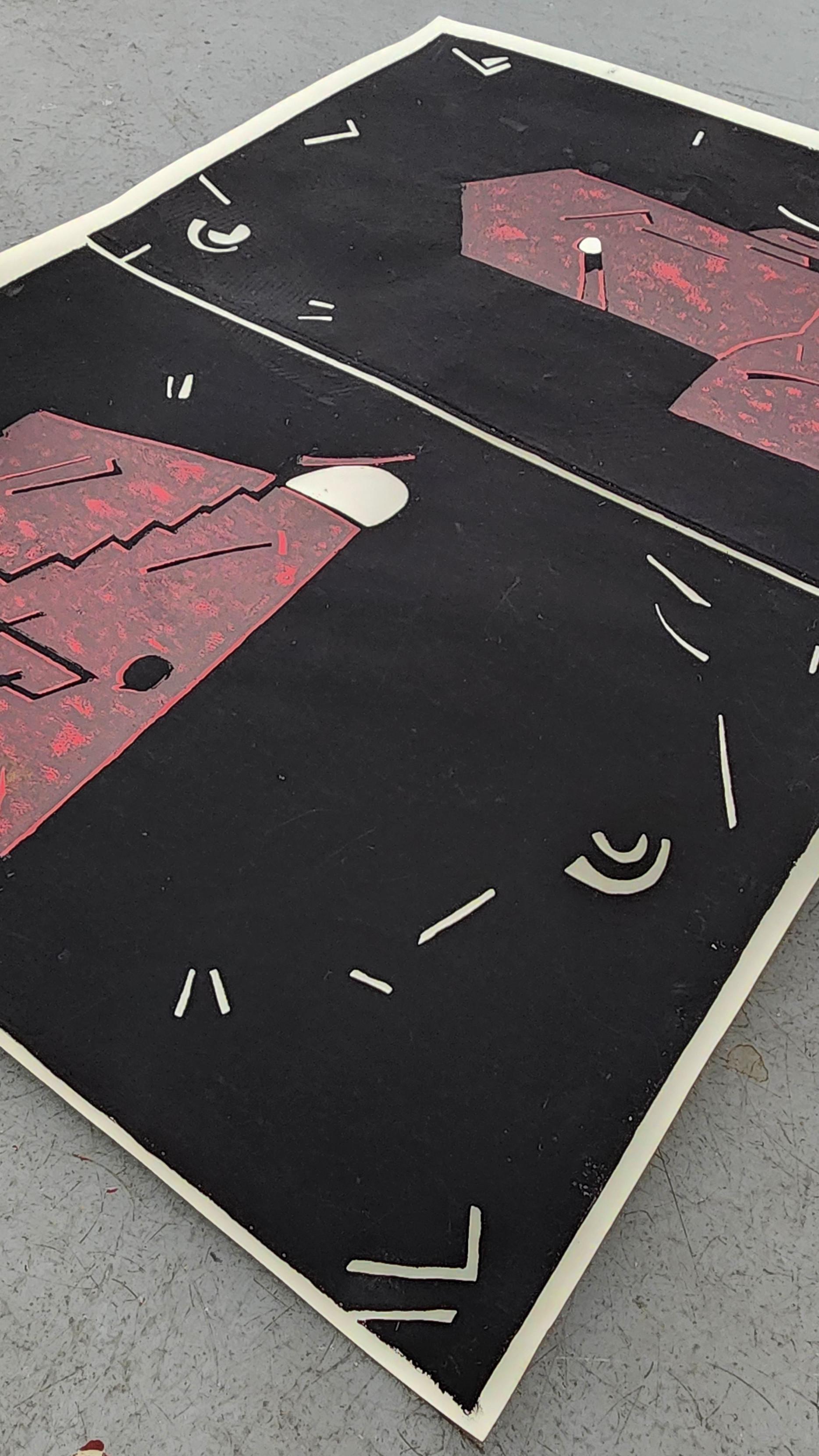 Sin título (Abstracto, Moderno, Rojo, Negro, Linograbado, ~33% DE DESCUENTO - TIEMPO LIMITADO) en venta 3