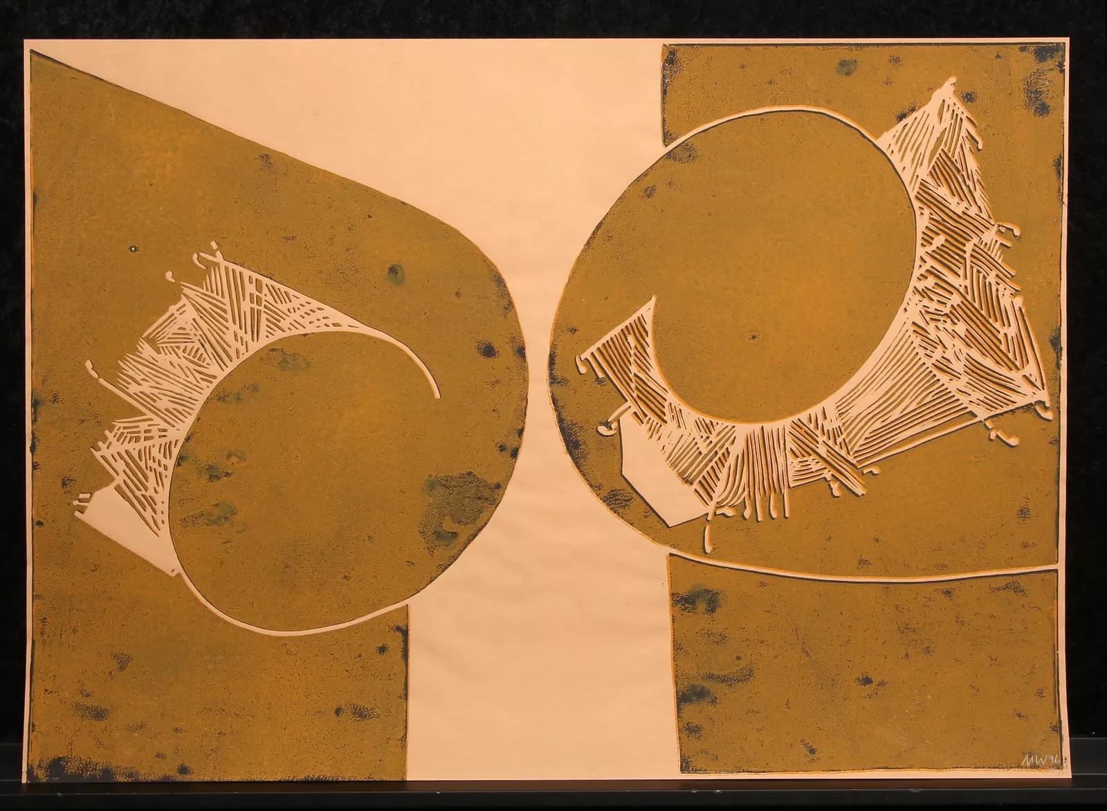 Untitled (Abstract, Modern, Beige, Brown, Linocut, ~33% OFF - LIMITED TIME) For Sale 2