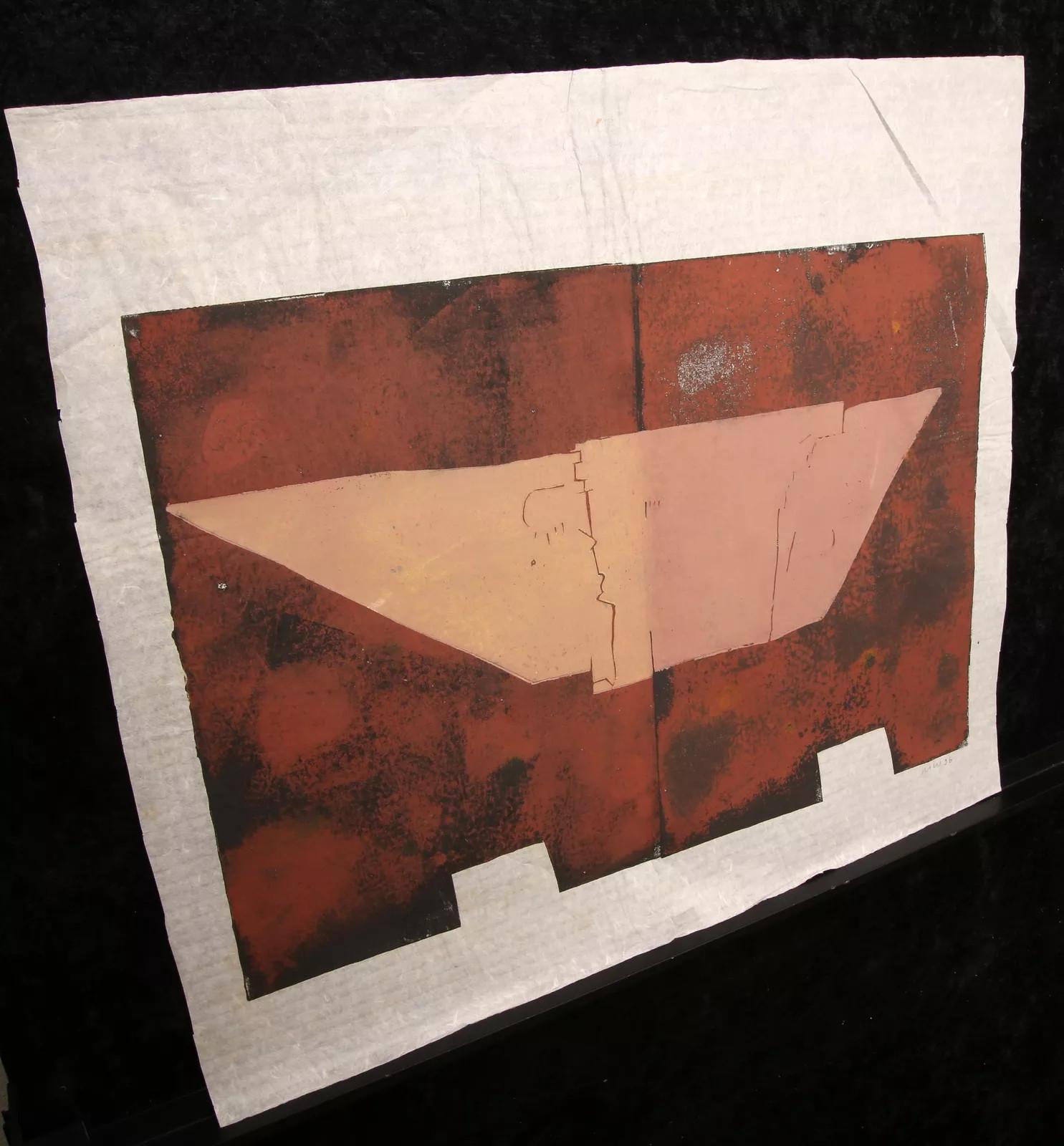 Untitled (Abstract, Modern, Earthtone, Red, Linocut, ~33% OFF - LIMITED TIME) For Sale 1