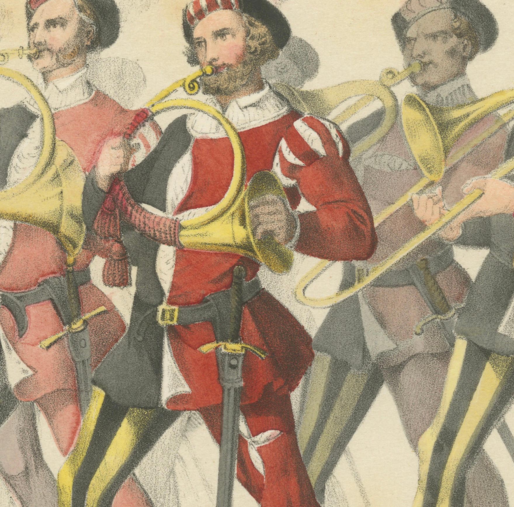 Titel: Marderbannerträger und Schweizer Militärmusikanten im Festumzug  

Beschreibung:  Diese elegante handkolorierte Lithografie, die von H. Jenny geschaffen und von Kümmerly und Wittmer lithografiert wurde, ist Teil des Festalbums zur Erinnerung
