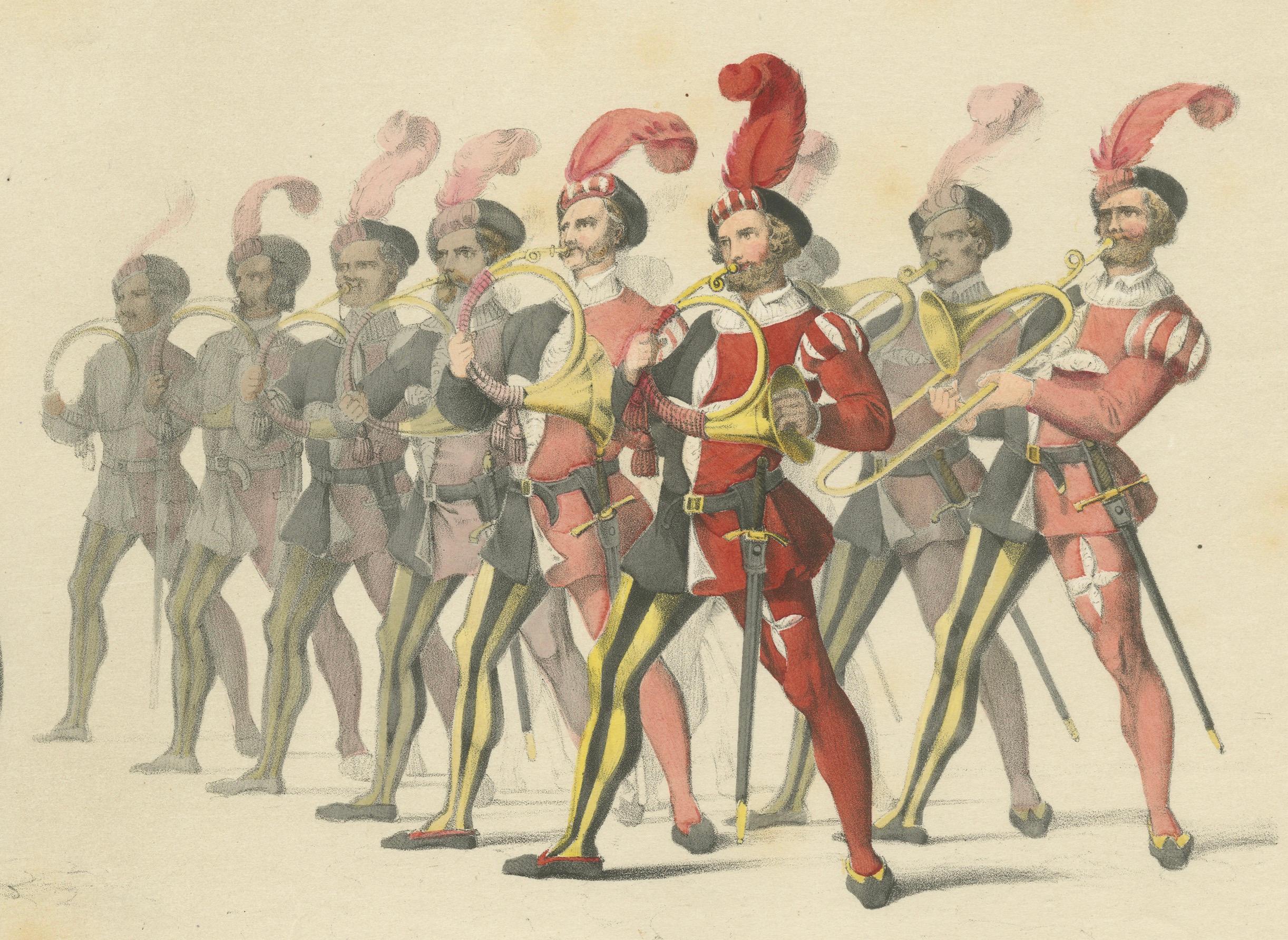 Marten, Bannerträger und schweizerische Militärmusiker in festlicher Procession, 1855 im Angebot 1