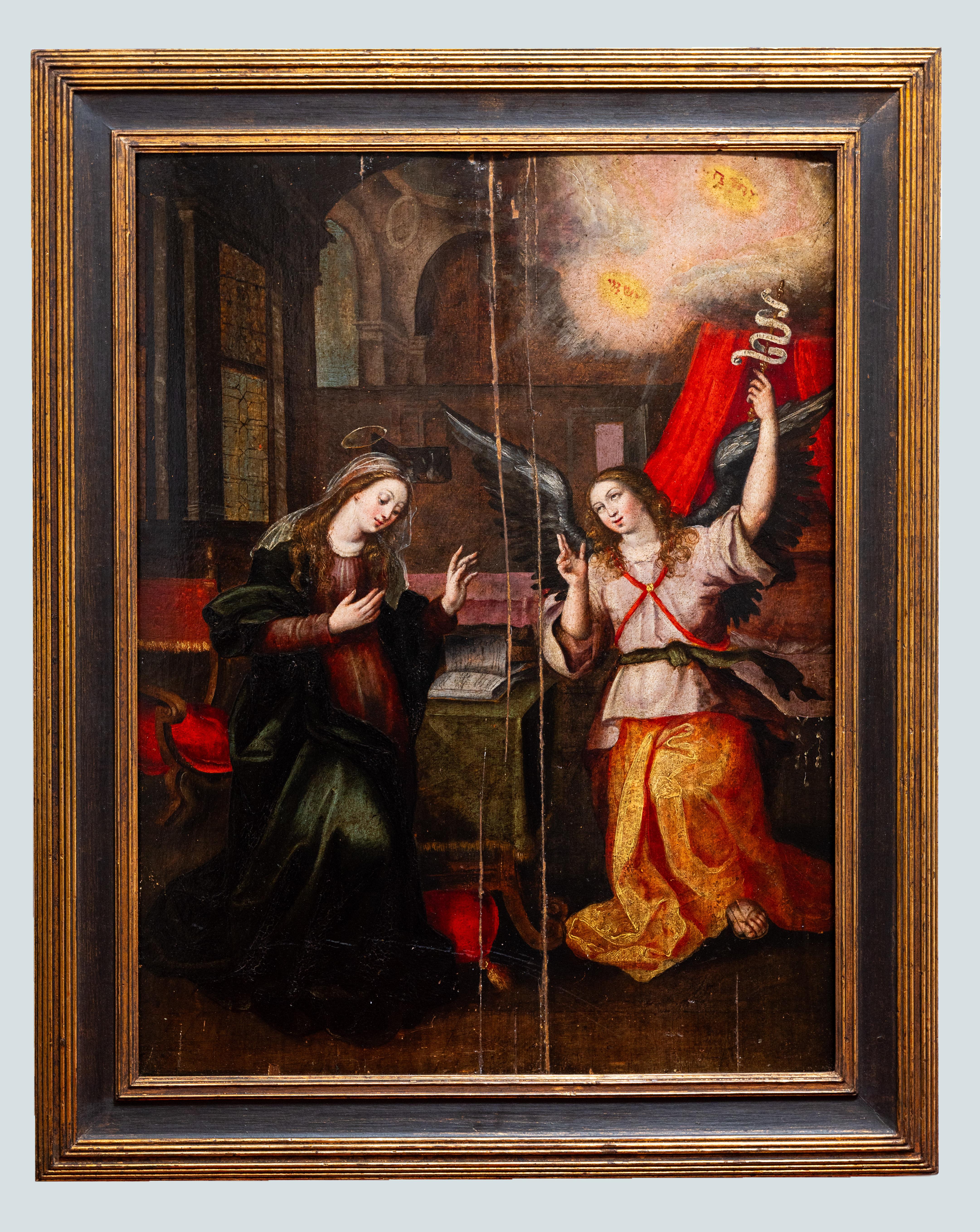 The painting The Annunciation by the Circle of Maerten de Vos is a striking example of late 16th-century Flemish religious art.

The composition presents the biblical scene of the Archangel Gabriel announcing to the Virgin Mary that she will