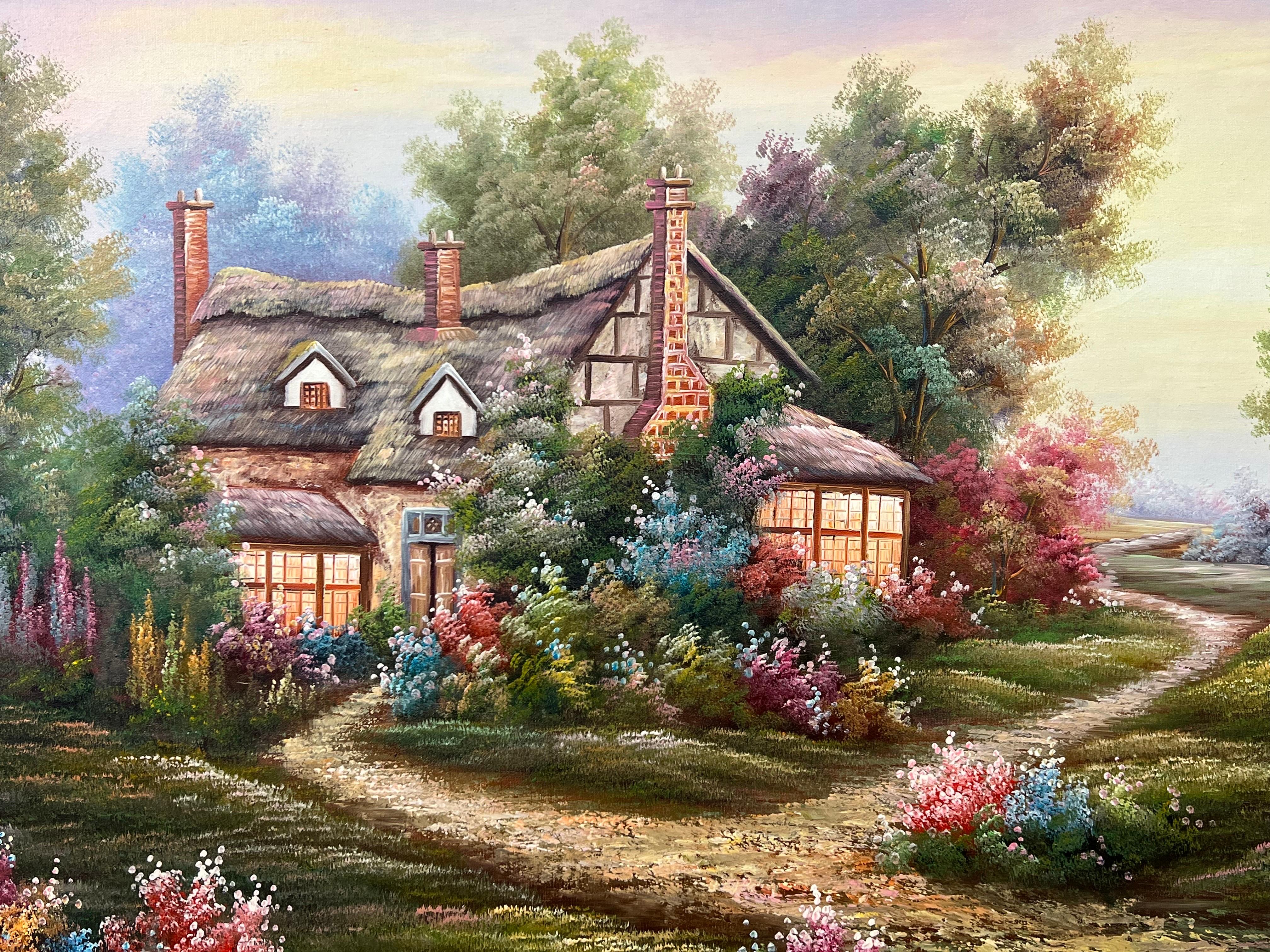 Vintage Ölgemälde von Fantasy Cottage in den Wäldern mit Blumen & Gärten im Angebot 6